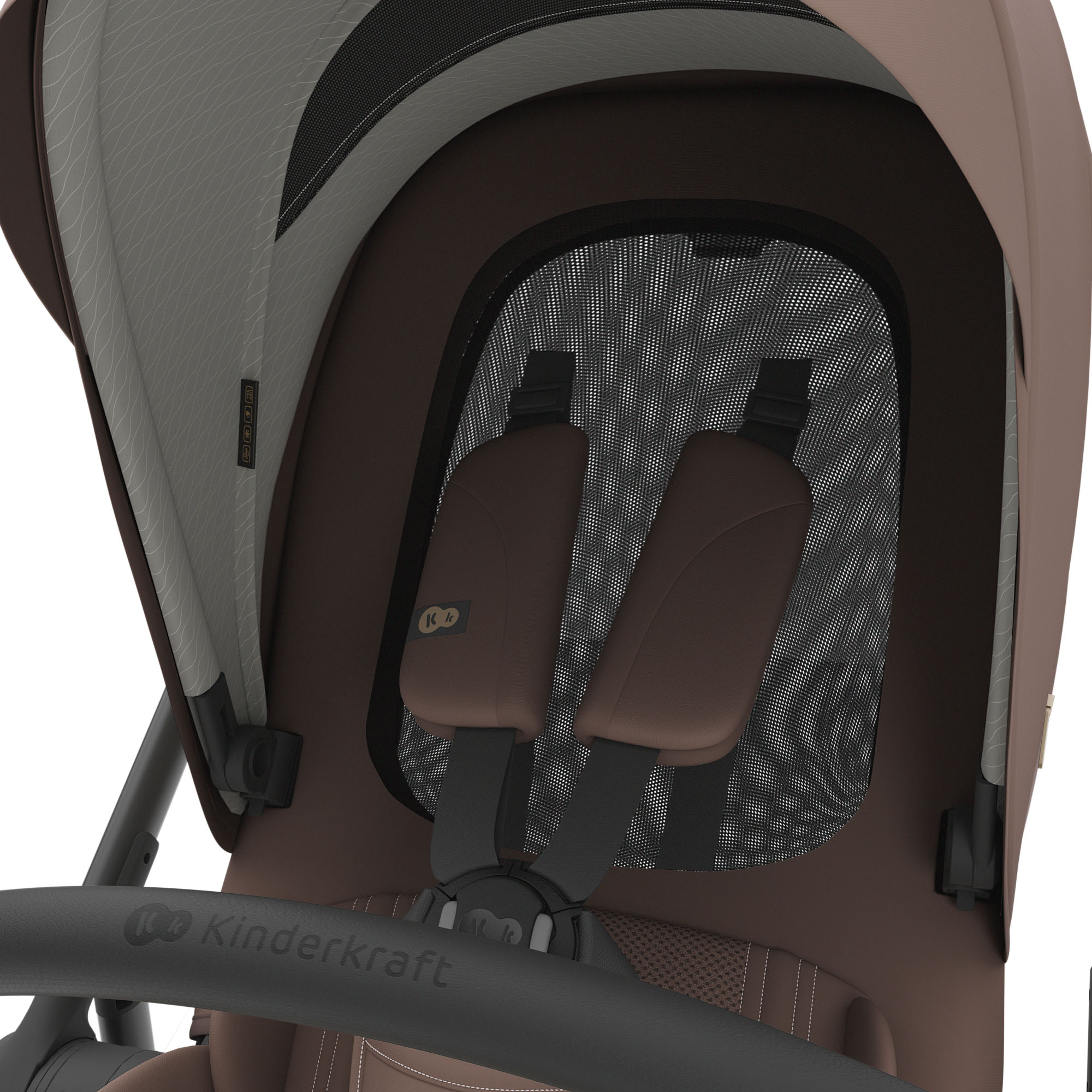 Brauner Kinderwagen mit Netzfenster und Gurten. Marke Kinderkraft.