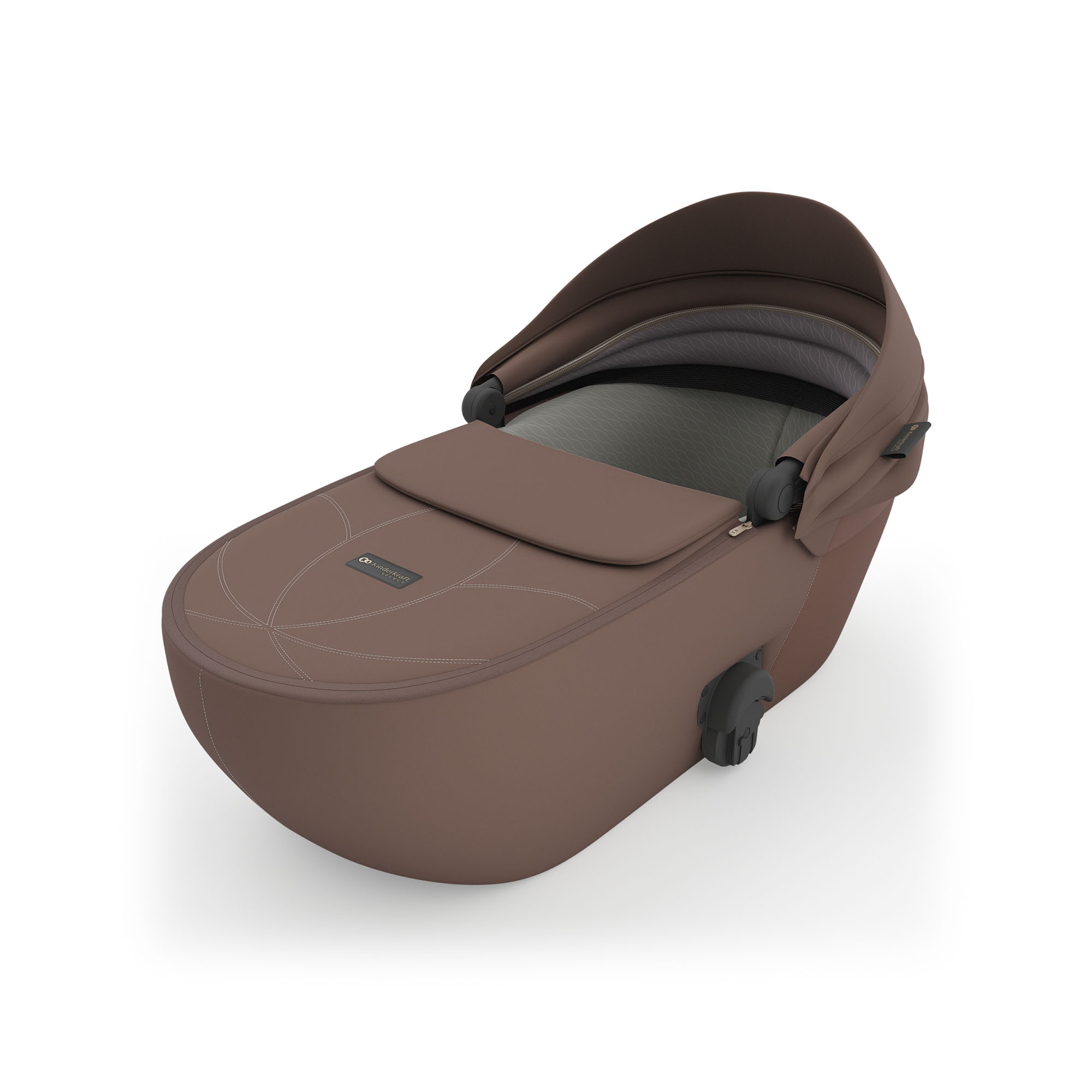 Brauner Kinderwagenaufsatz mit Reißverschluss und Verdeck.