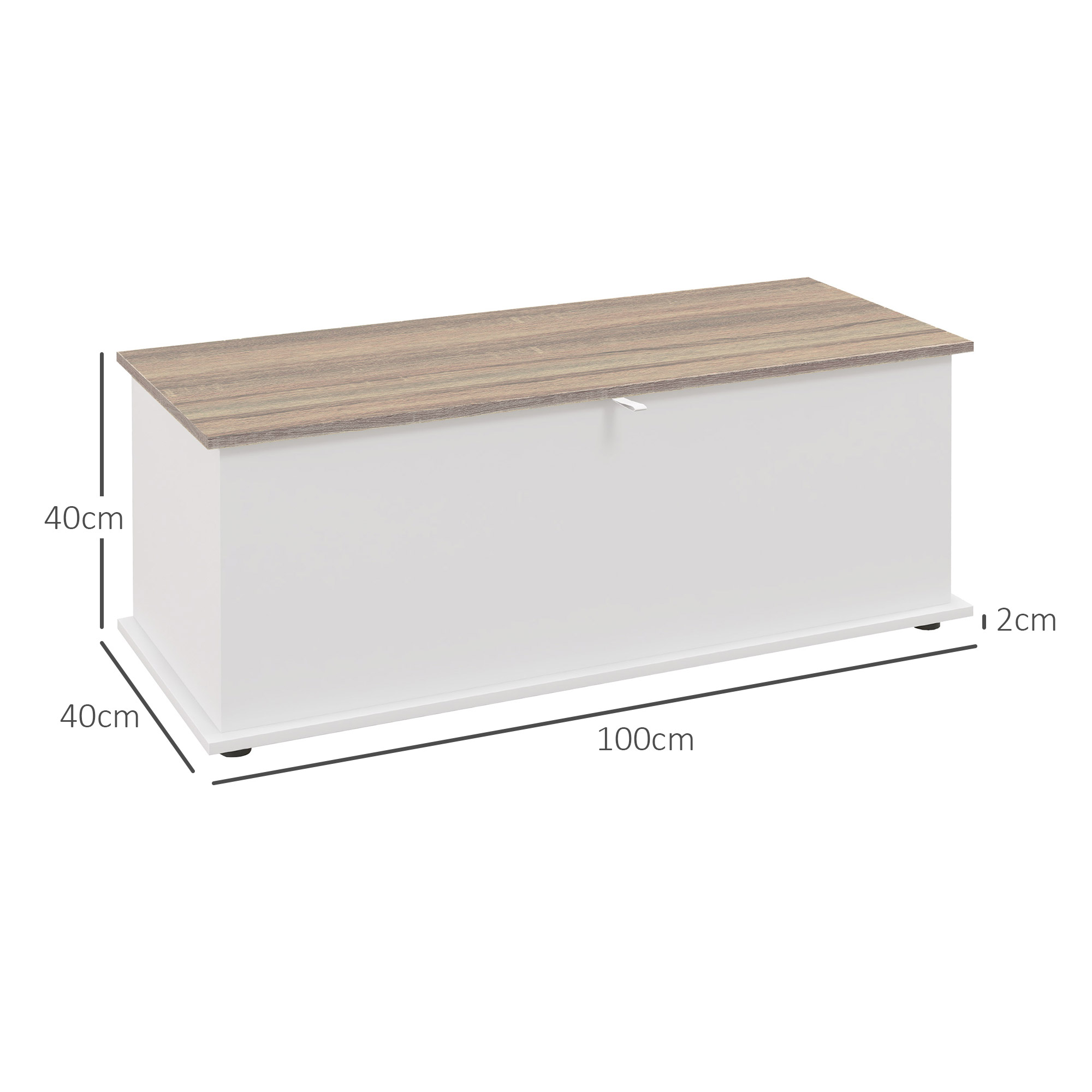 Un baúl blanco con tapa de madera, 100x40x40cm.