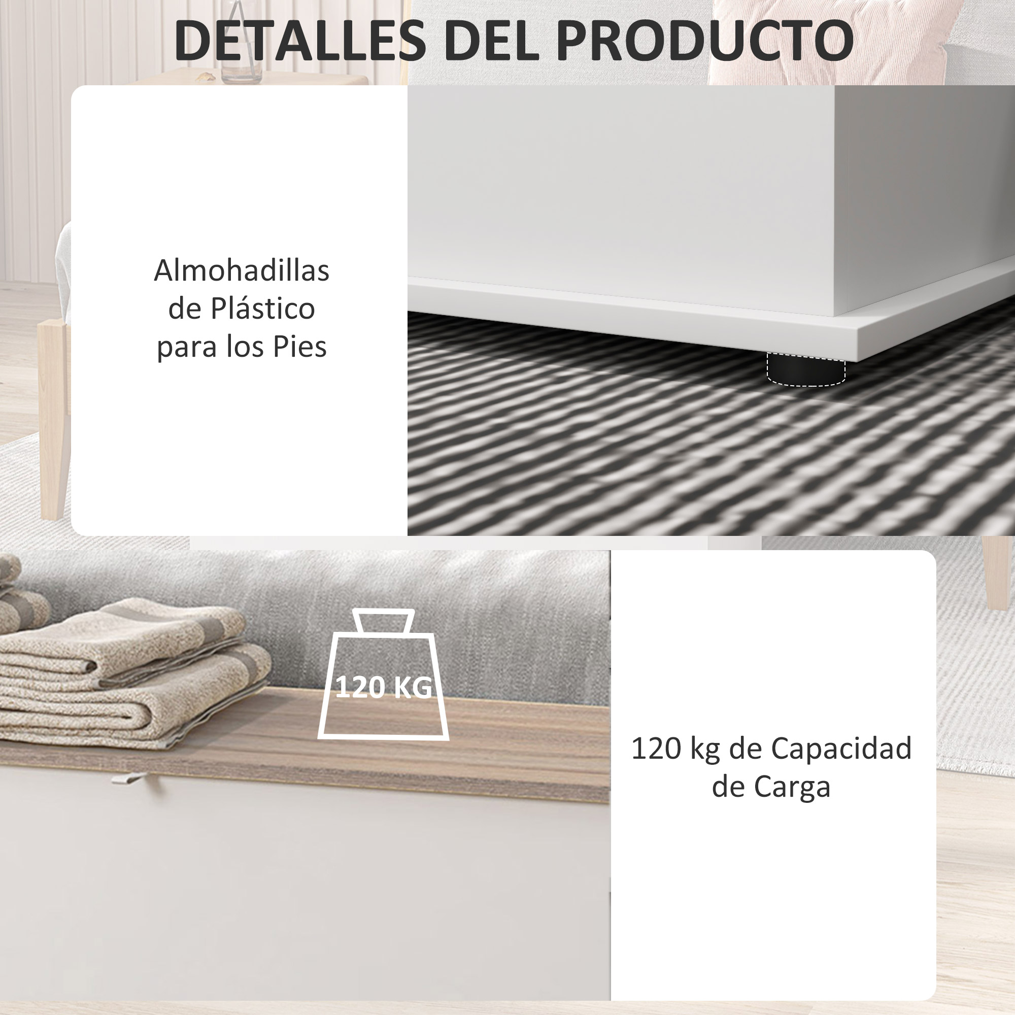 Detalles: Pies de plástico, capacidad de 120 kg.