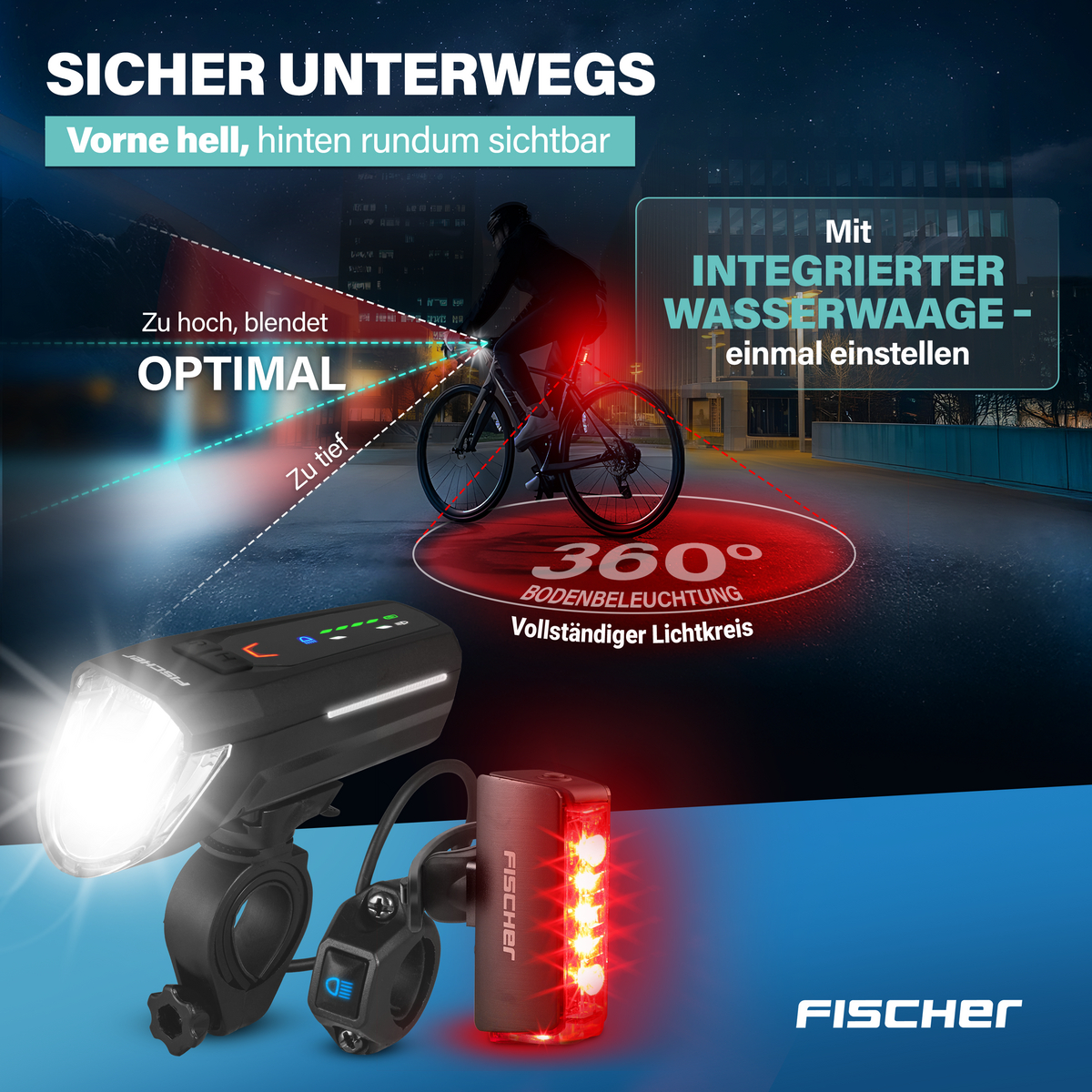 Fahrradlichter: Frontlicht und Rücklicht mit 360° Bodenausleuchtung.