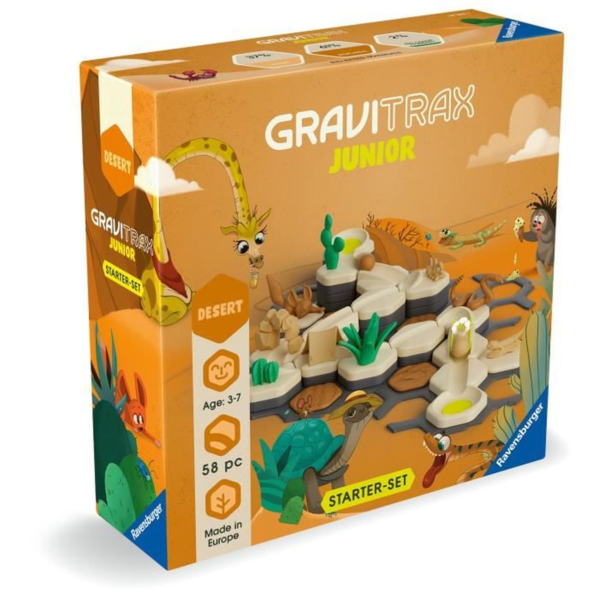 Scatola Gravitrax Junior Desert Starter-Set con pezzi di gioco e una tartaruga.