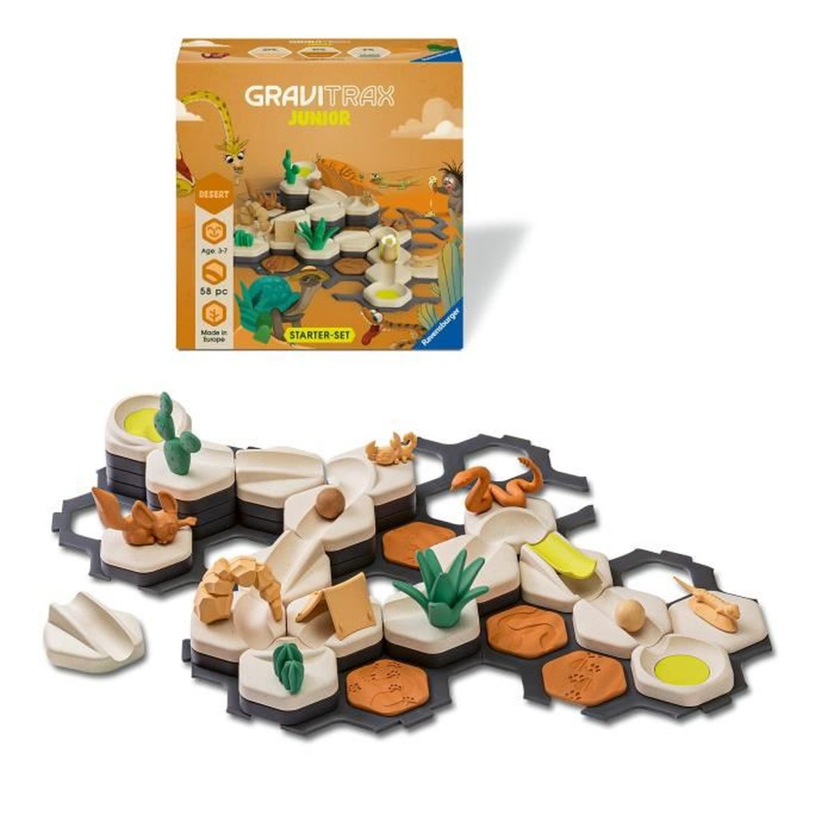 Gravitrax Junior Starter-Set a tema deserto con pezzi e accessori.