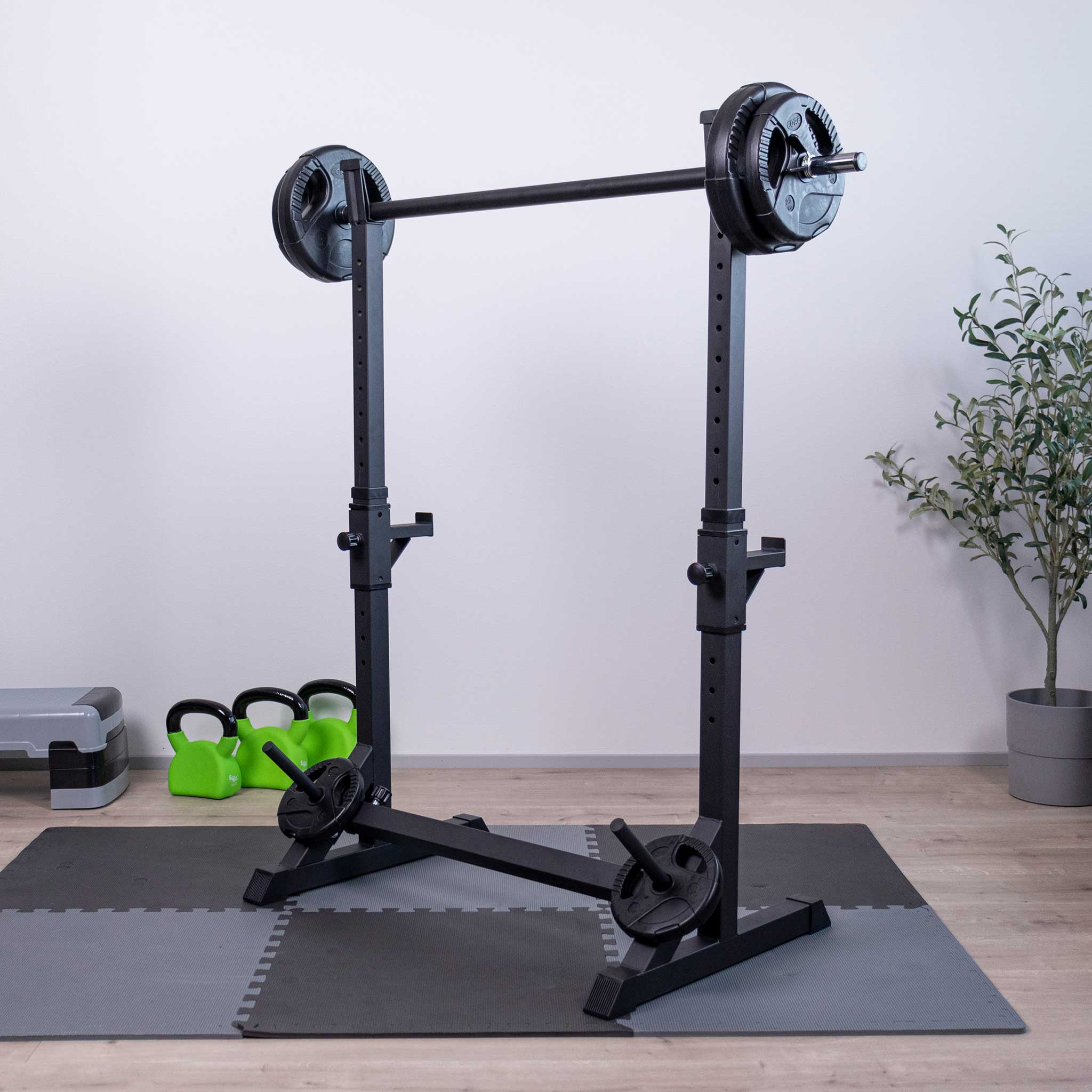 Ein Hantelständer mit Gewichtsscheiben, Kettlebells und einer Step-Plattform.