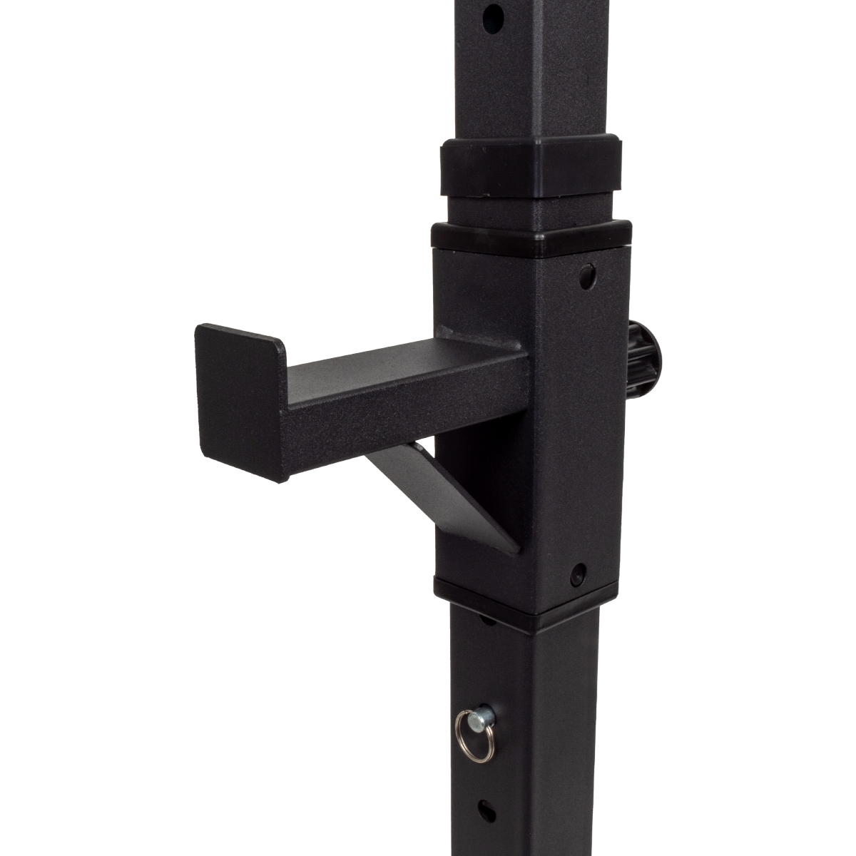 Schwarzer Hantelständer-Arm mit Haken und weißem Hintergrund.