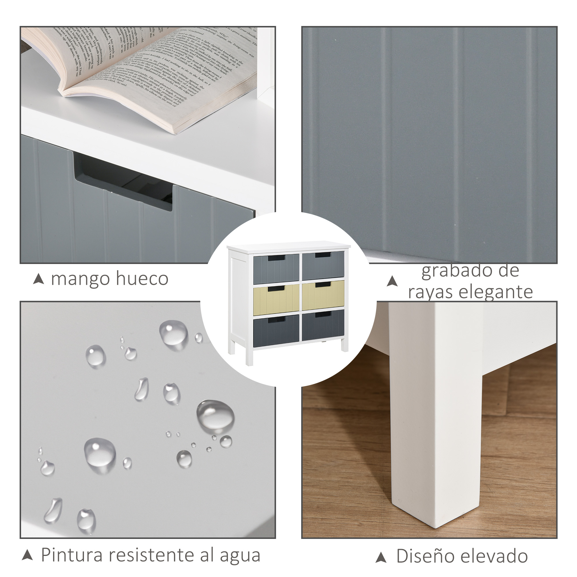 Cómoda blanca de 6 cajones: 2 amarillos, 4 gris oscuro. Muestra detalles.