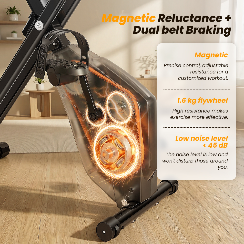 Primo piano del sistema di resistenza magnetica e frenata a doppia cinghia di una cyclette.
