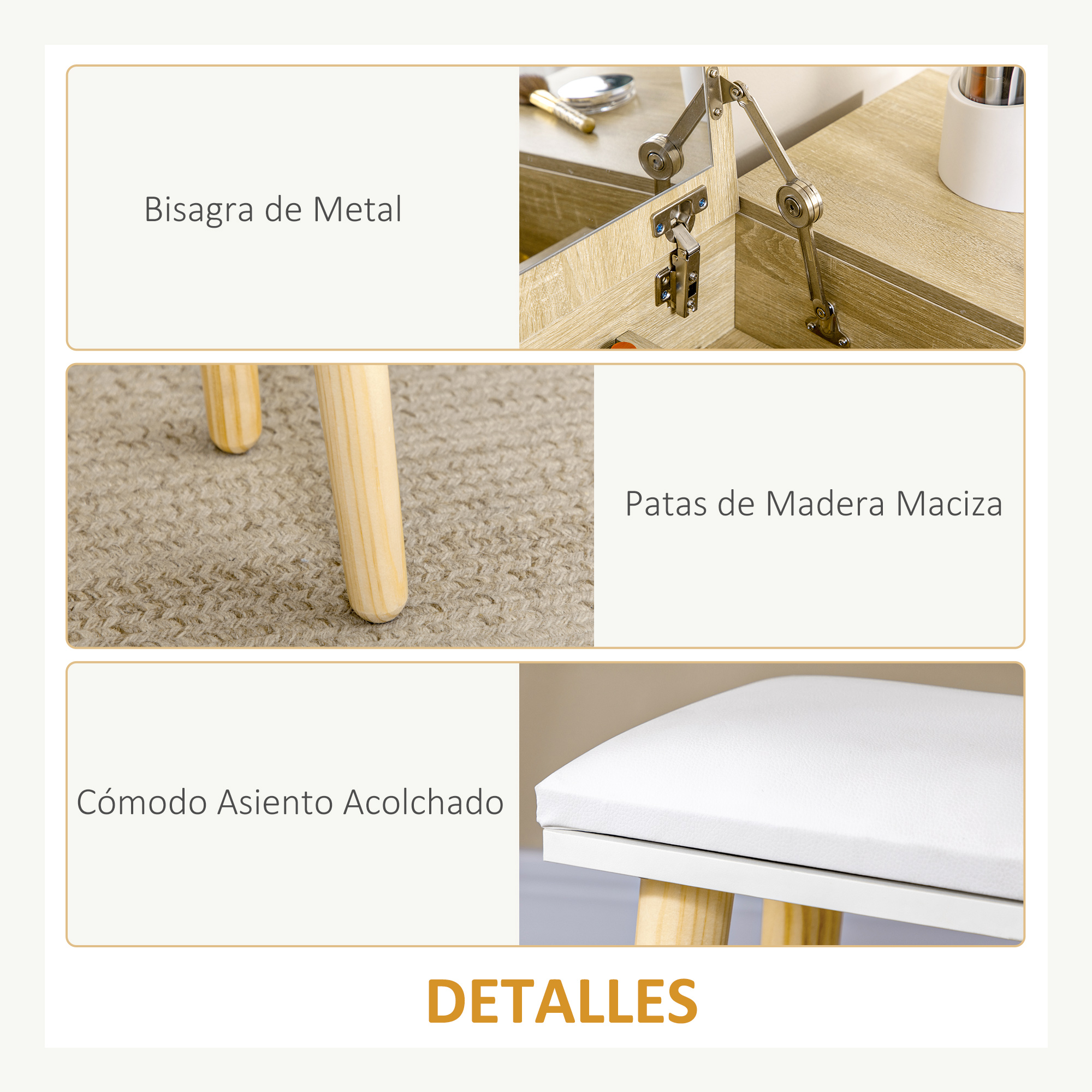 Bisagras de metal, patas de madera maciza y asiento acolchado.