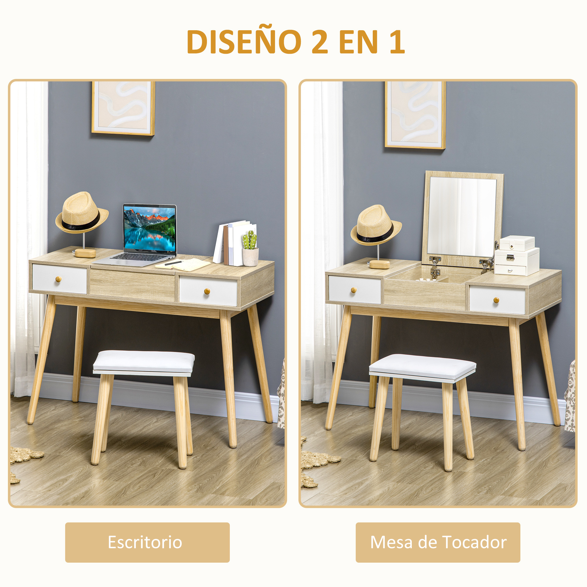 Dos escritorios de madera clara con cajones blancos, un taburete y un espejo.