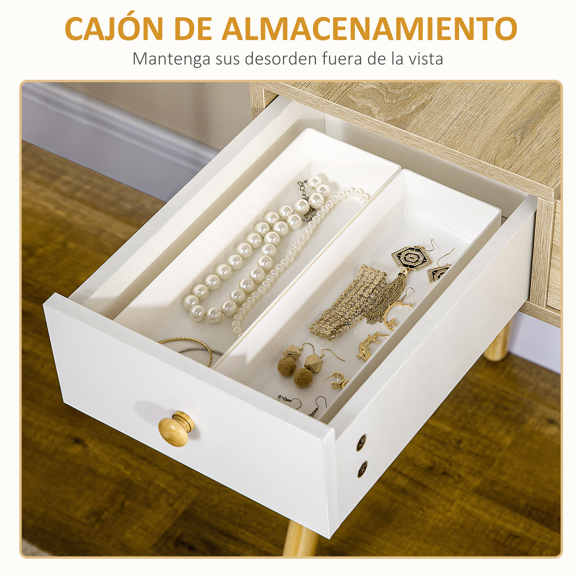 Cajón blanco abierto con bandeja de joyas, collar de perlas y pendientes.