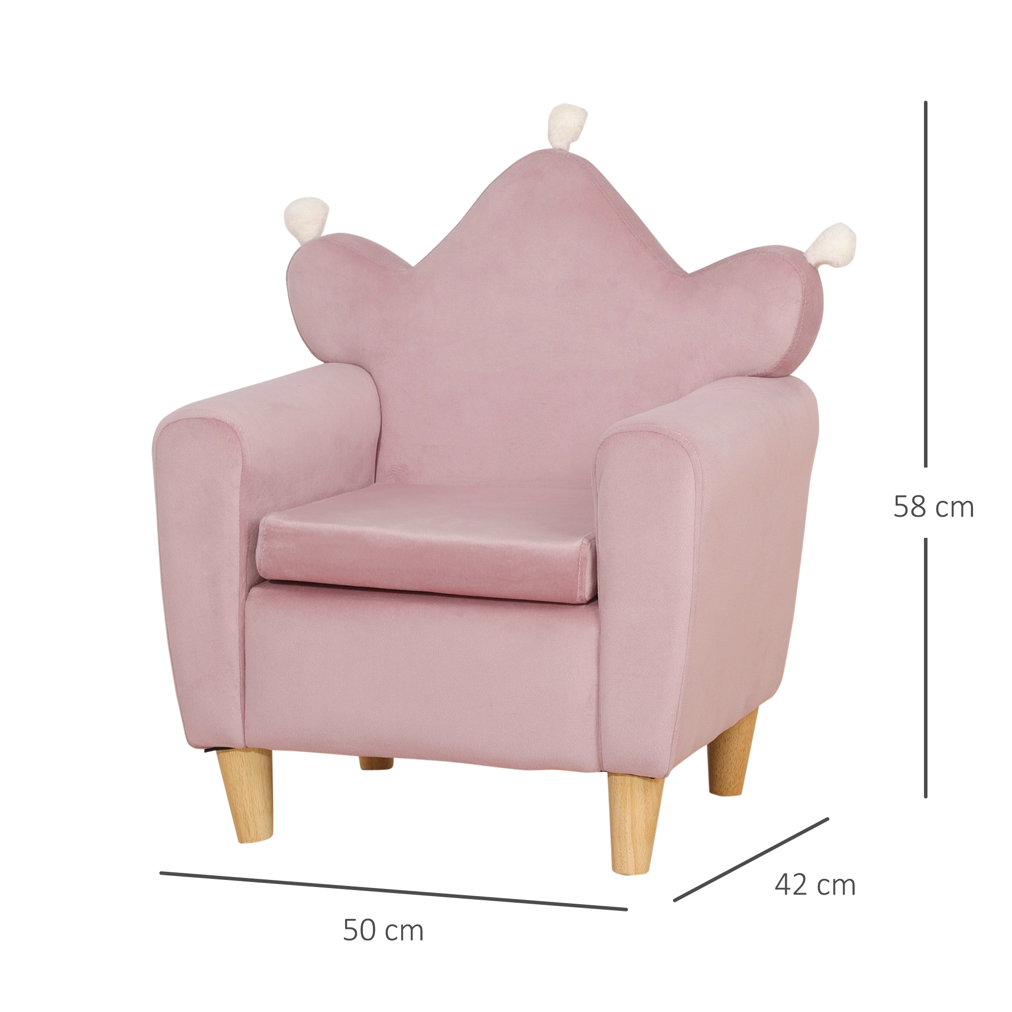 Un sillón infantil rosa en forma de corona con pompones blancos y patas de madera.