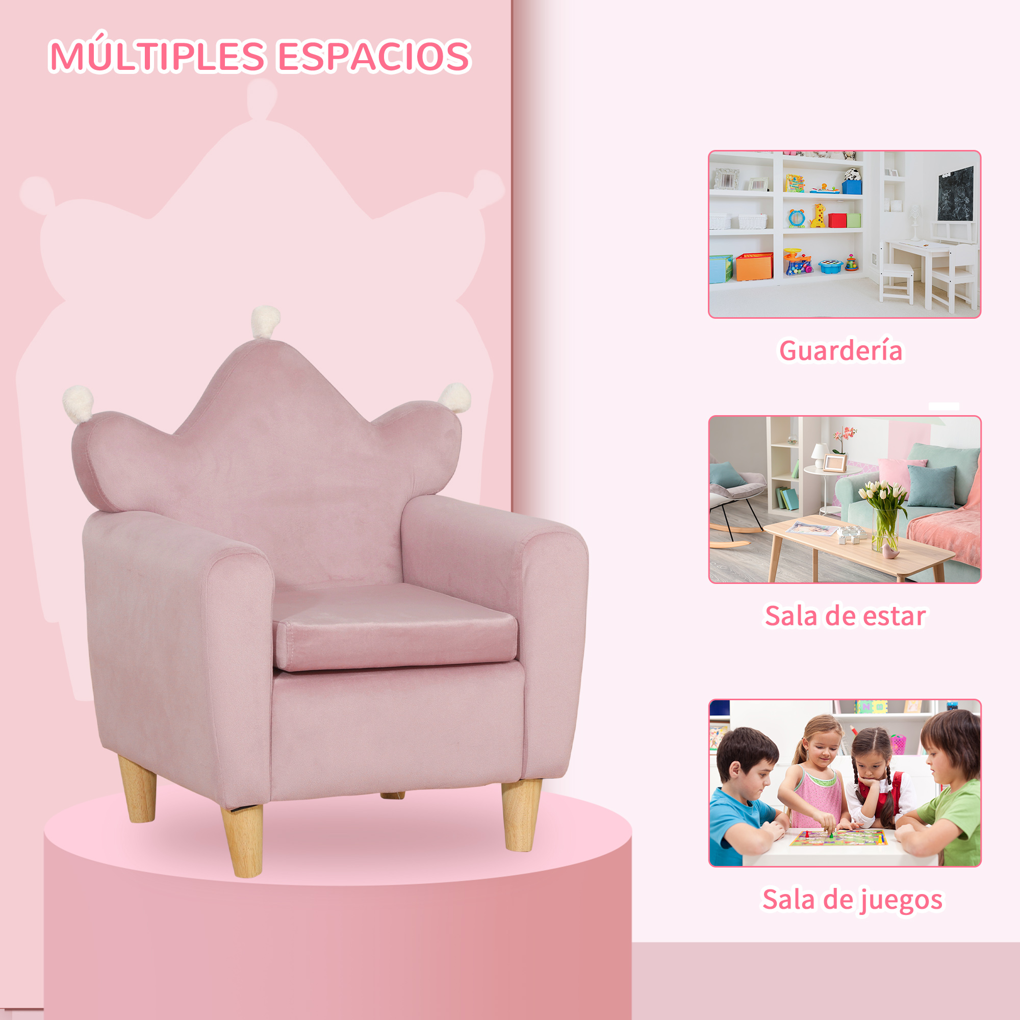 Una silla infantil rosa con forma de corona se alza sobre un fondo rosa claro con tres imágenes.