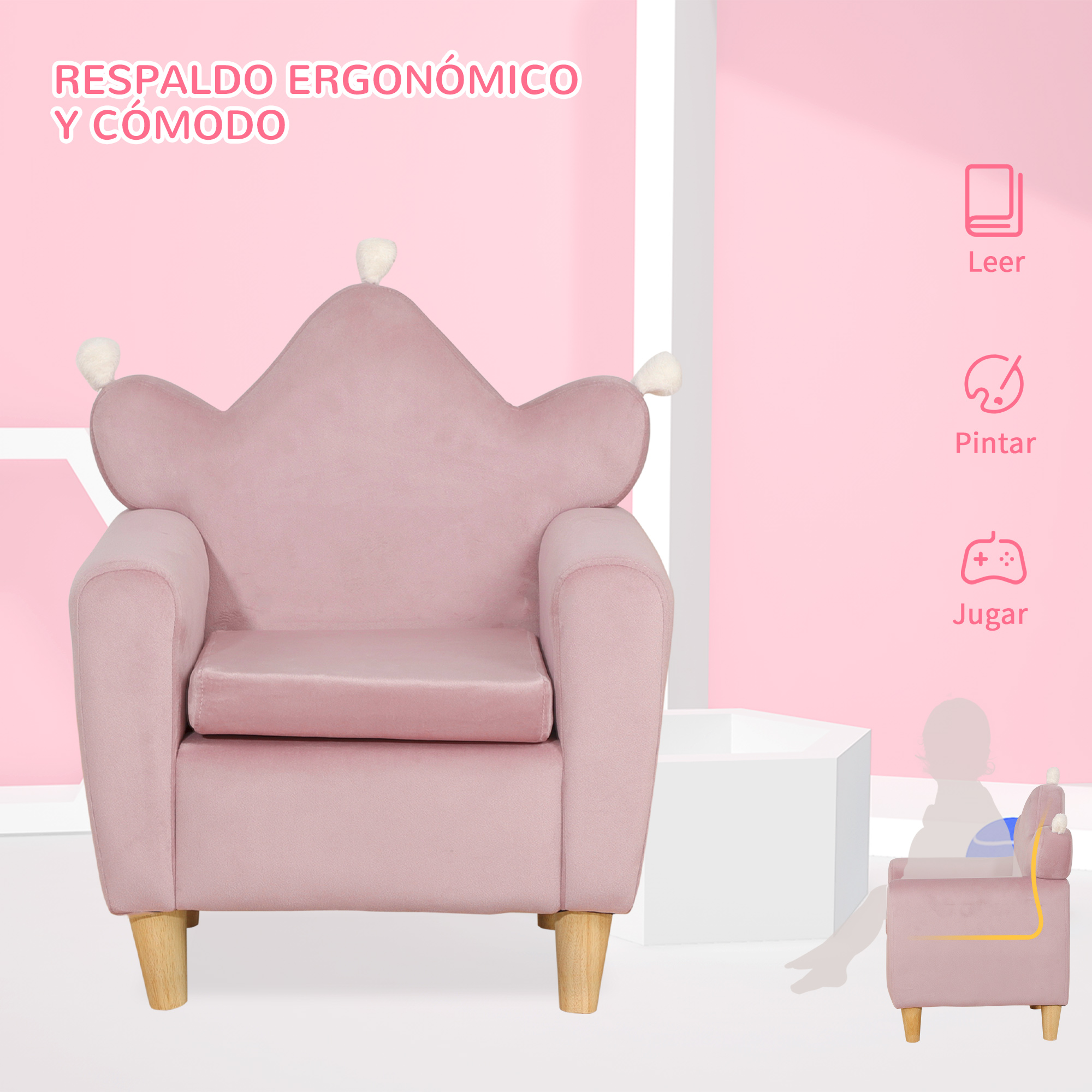 Un sillón infantil rosa con respaldo de corona y pompones blancos.