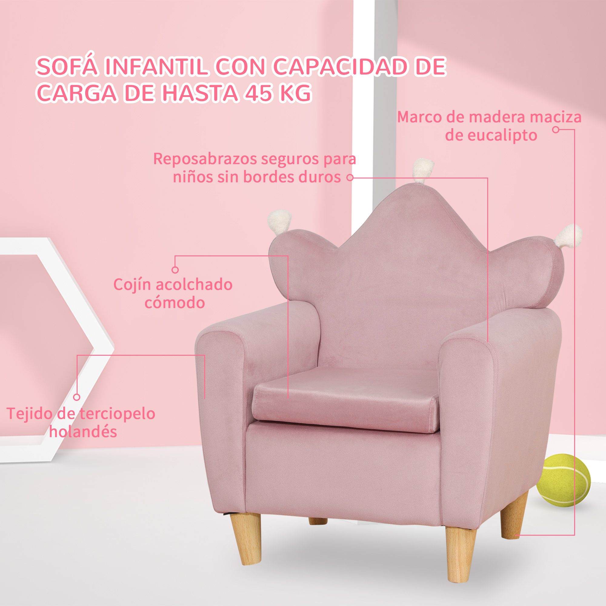 Un sillón infantil rosa de terciopelo con patas de madera y una pelota de tenis.