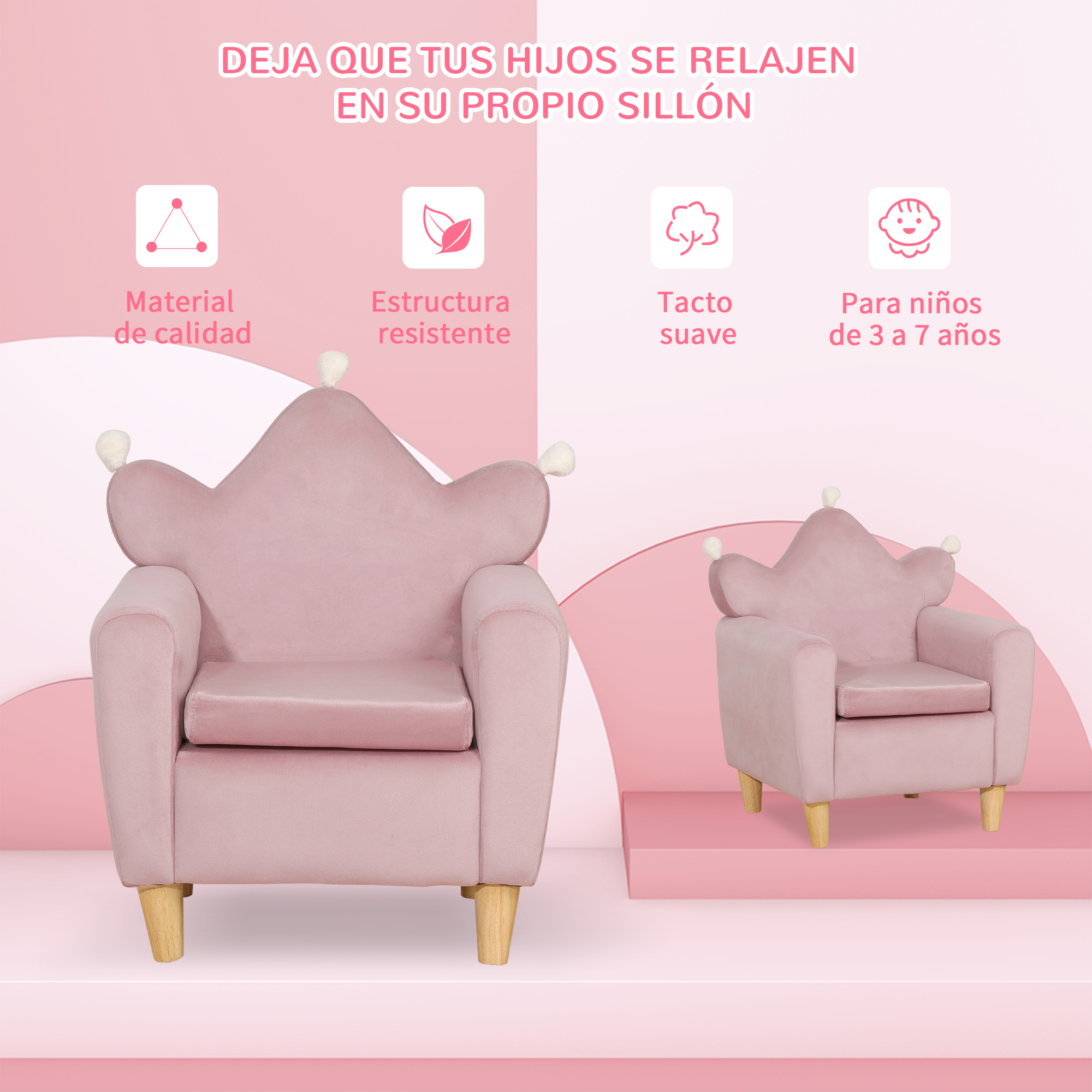 Sillón infantil rosa con forma de corona y patas de madera, para 3-7 años.