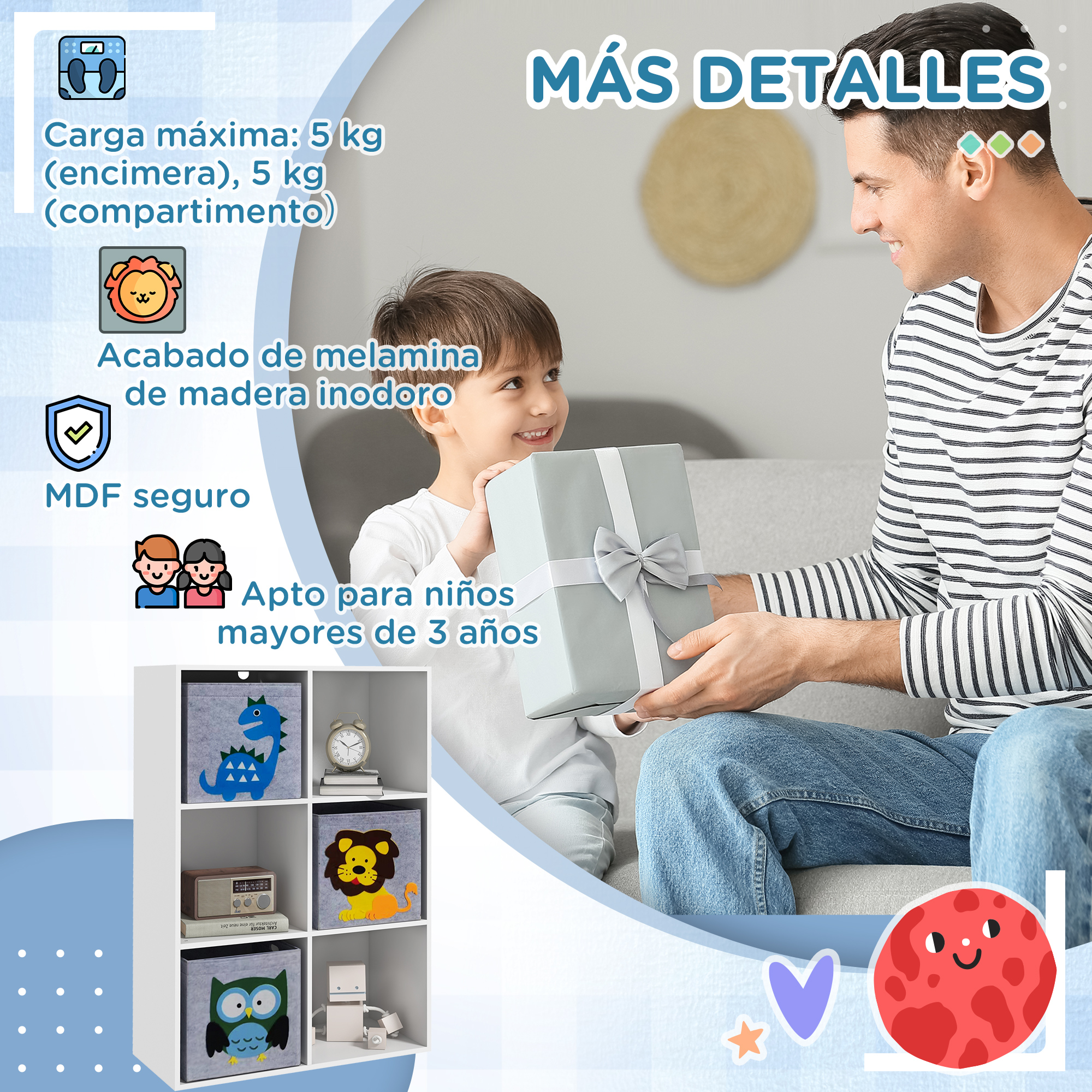 Hombre da regalo a niño. Estantería con cajas: dinosaurio, león, búho.
