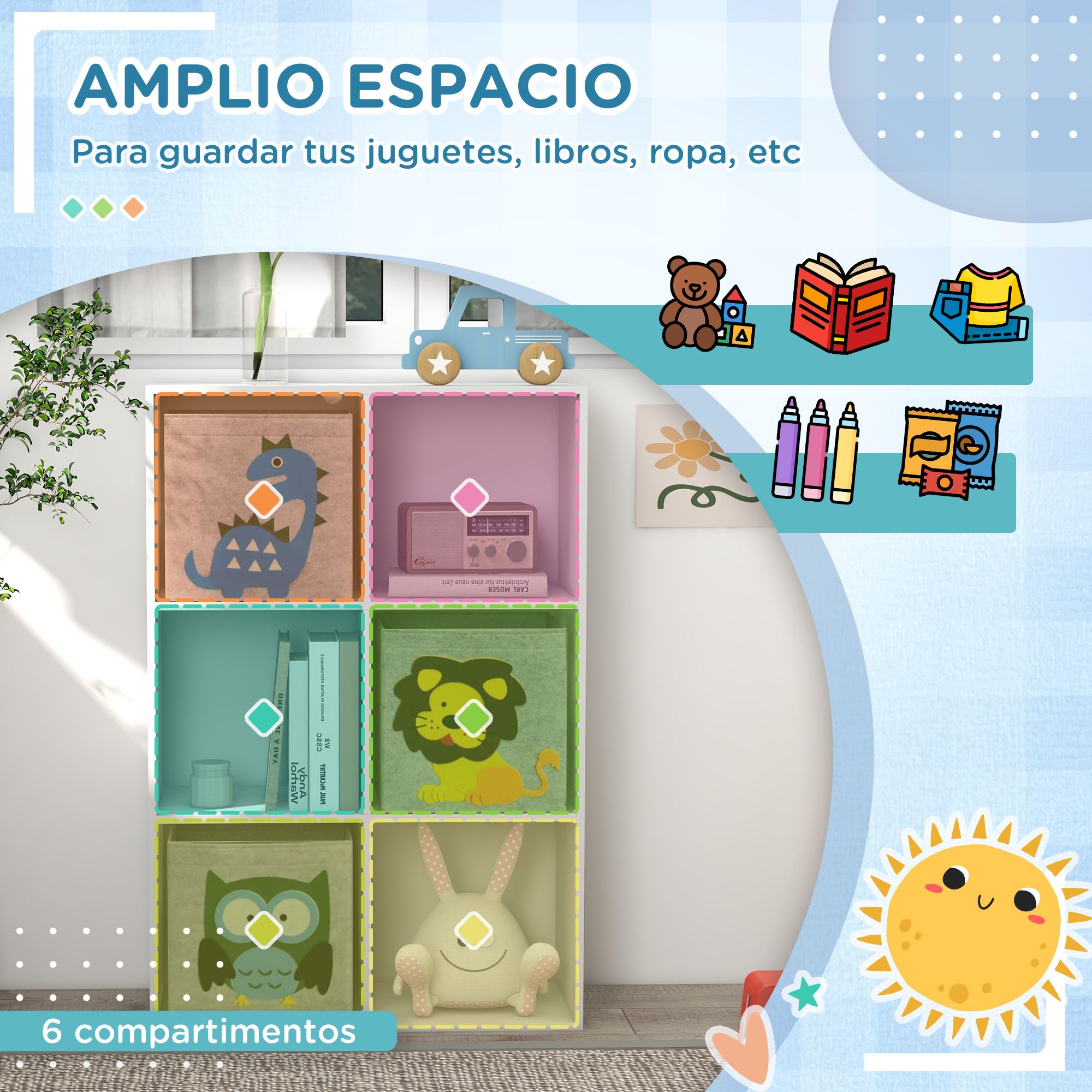 Estantería azul de 6 compartimentos decorada con animales y juguetes.