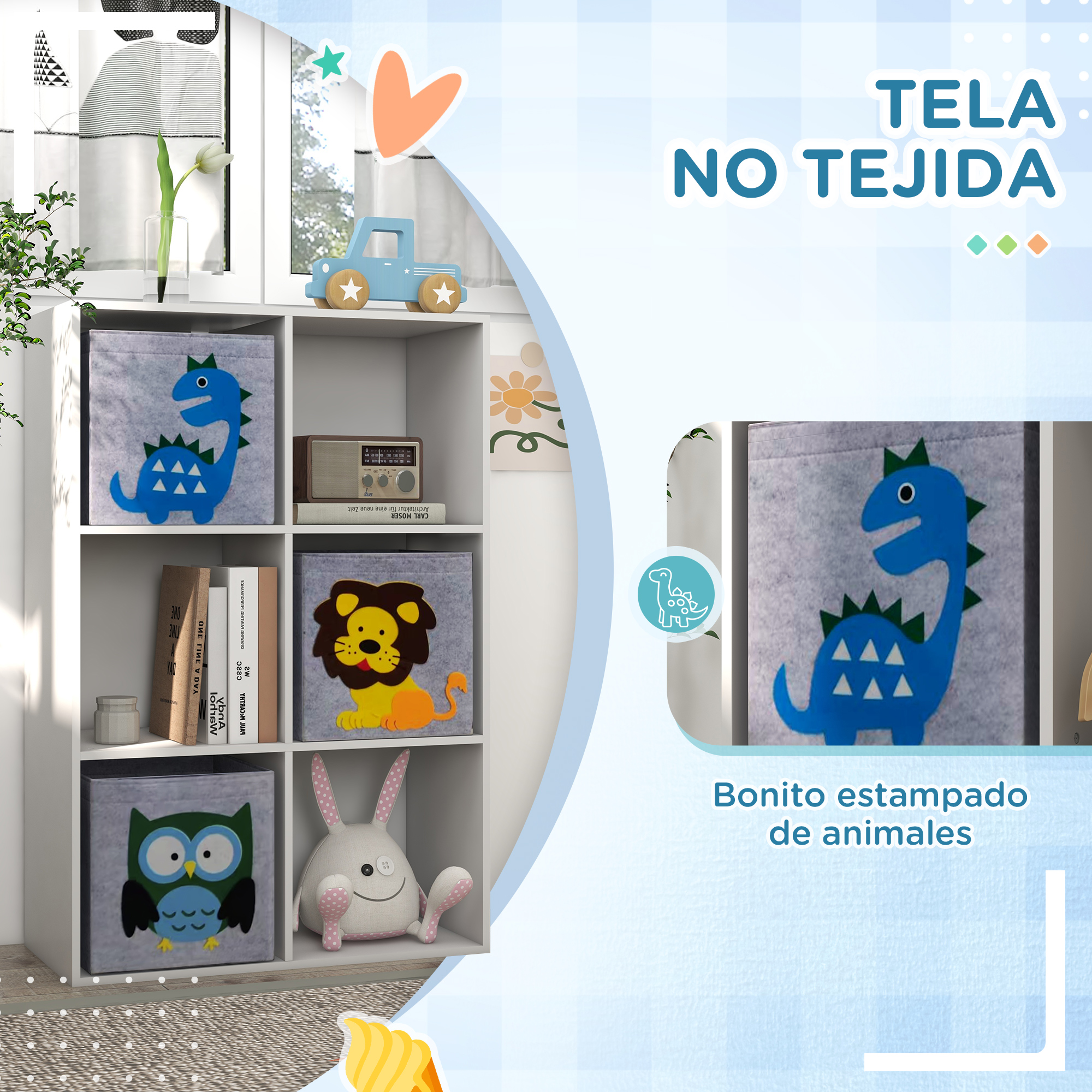 Estante blanco con cajas de tela: dinosaurio, león, búho. Coche de madera y conejo.