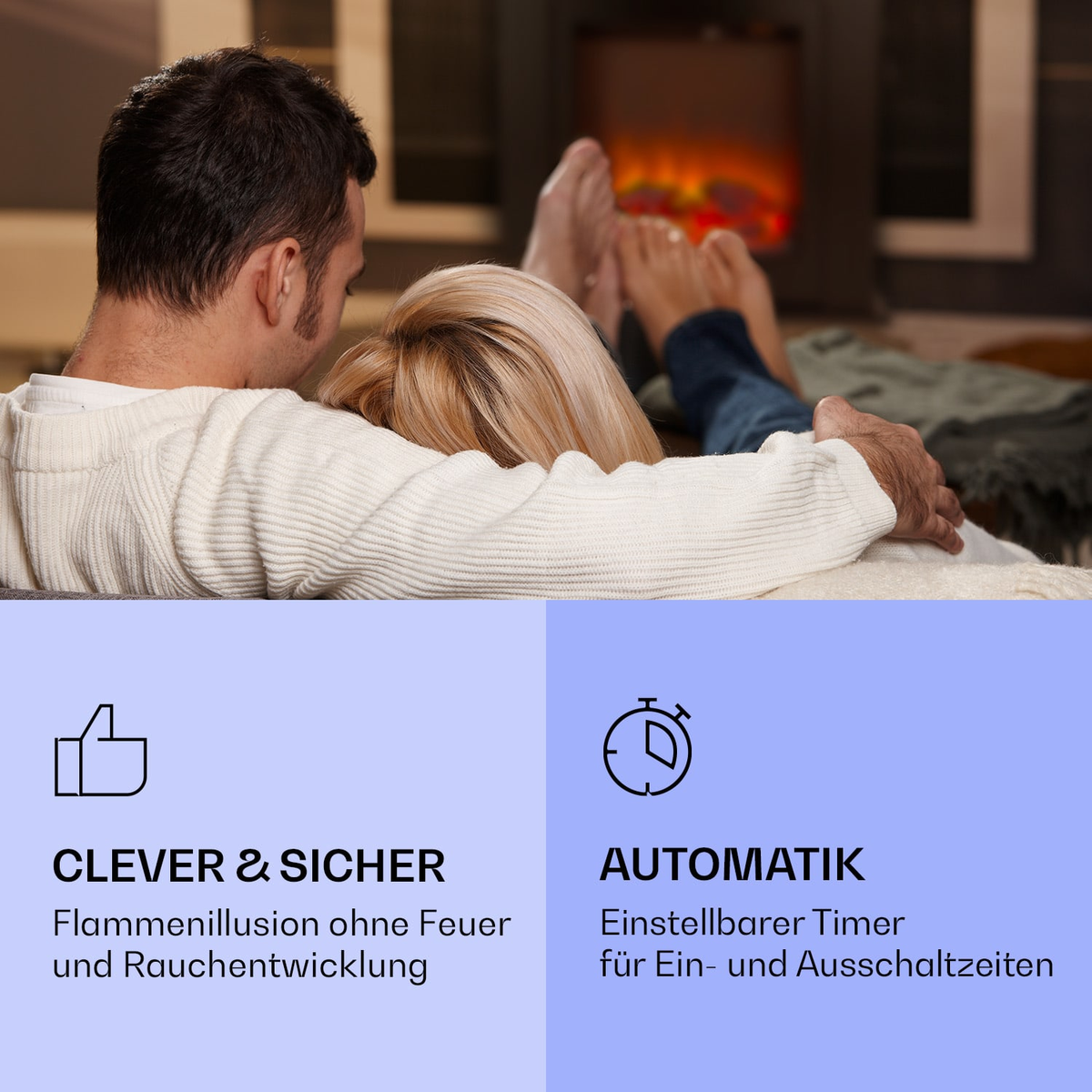 Paar entspannt vor Kaminfeuer, Text über clevere Sicherheit und Automatik.