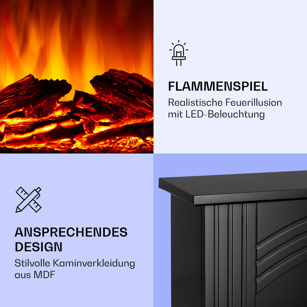 Ein Kamin mit realistischer Flammenillusion und schwarzer Verkleidung.