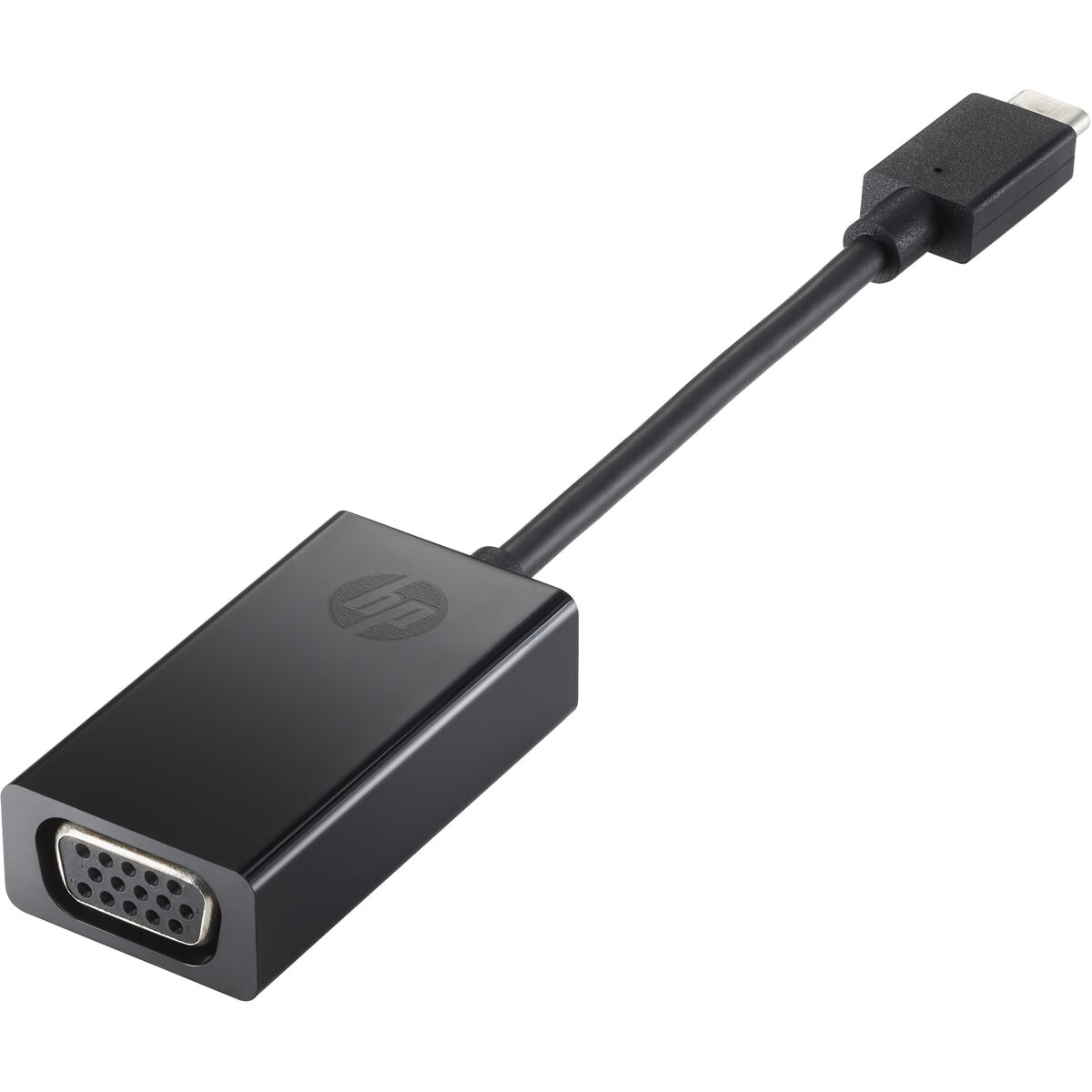 Adaptador HP USB-C a VGA negro con puerto VGA y conector USB-C.