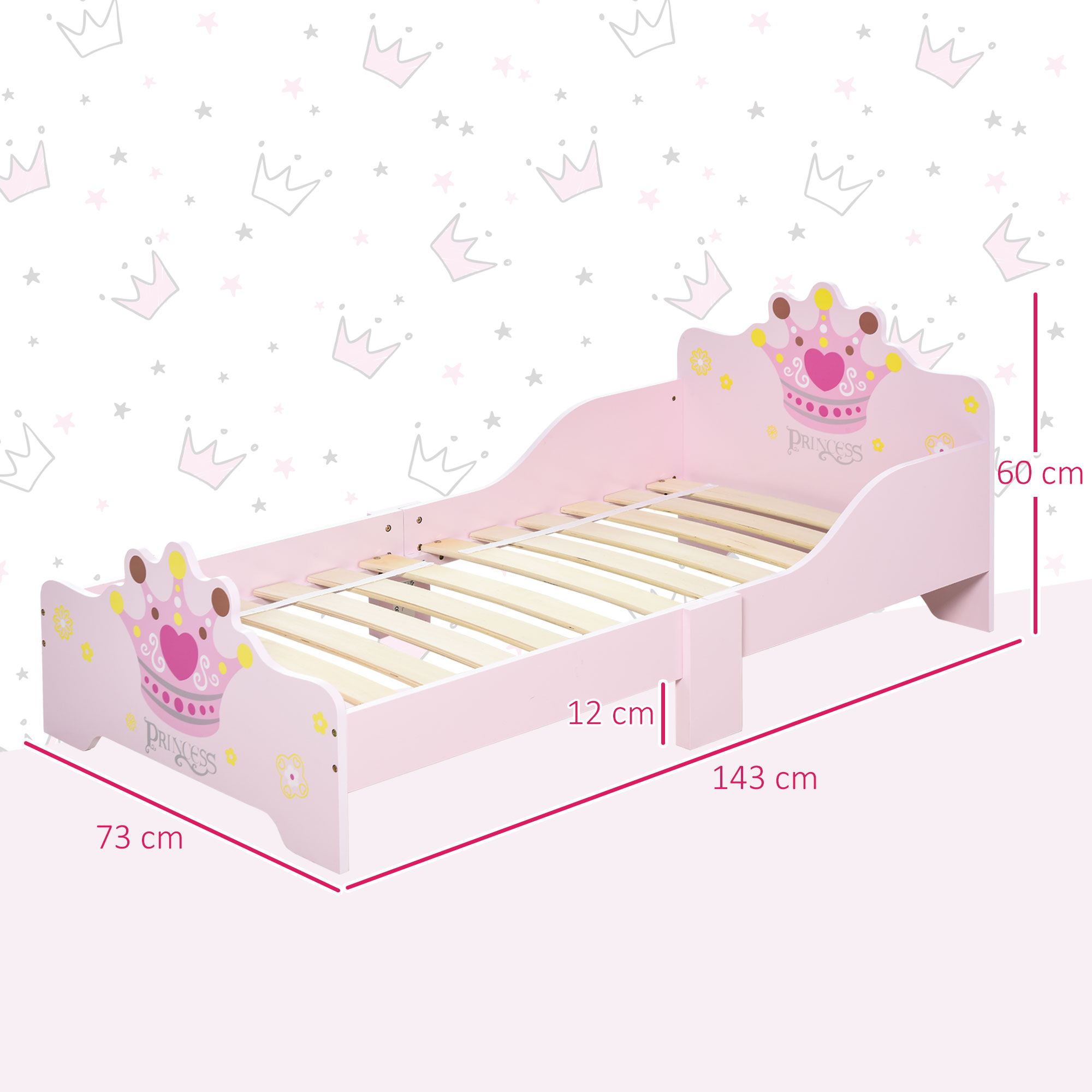 Una cama infantil rosa con motivos de corona y estrellas. Medidas: 143x73x60 cm.