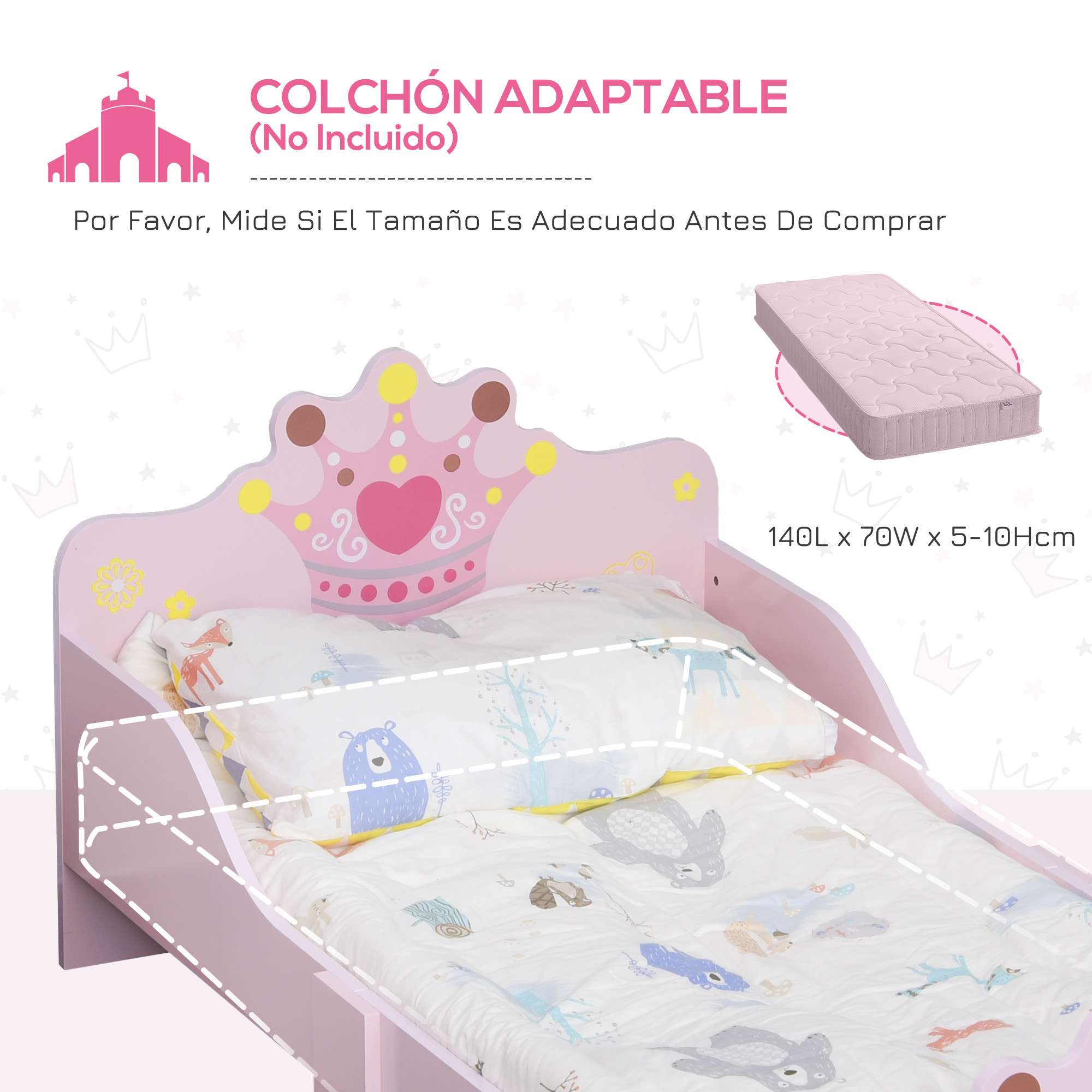 Una cama infantil rosa con cabecero de corona de princesa y estampados de animales.