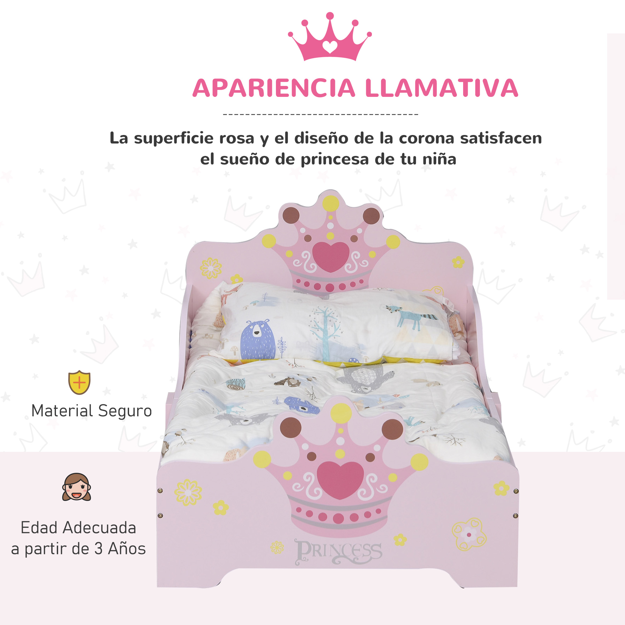 Una cama infantil rosa con motivos de corona y animales. Para mayores de 3 años.