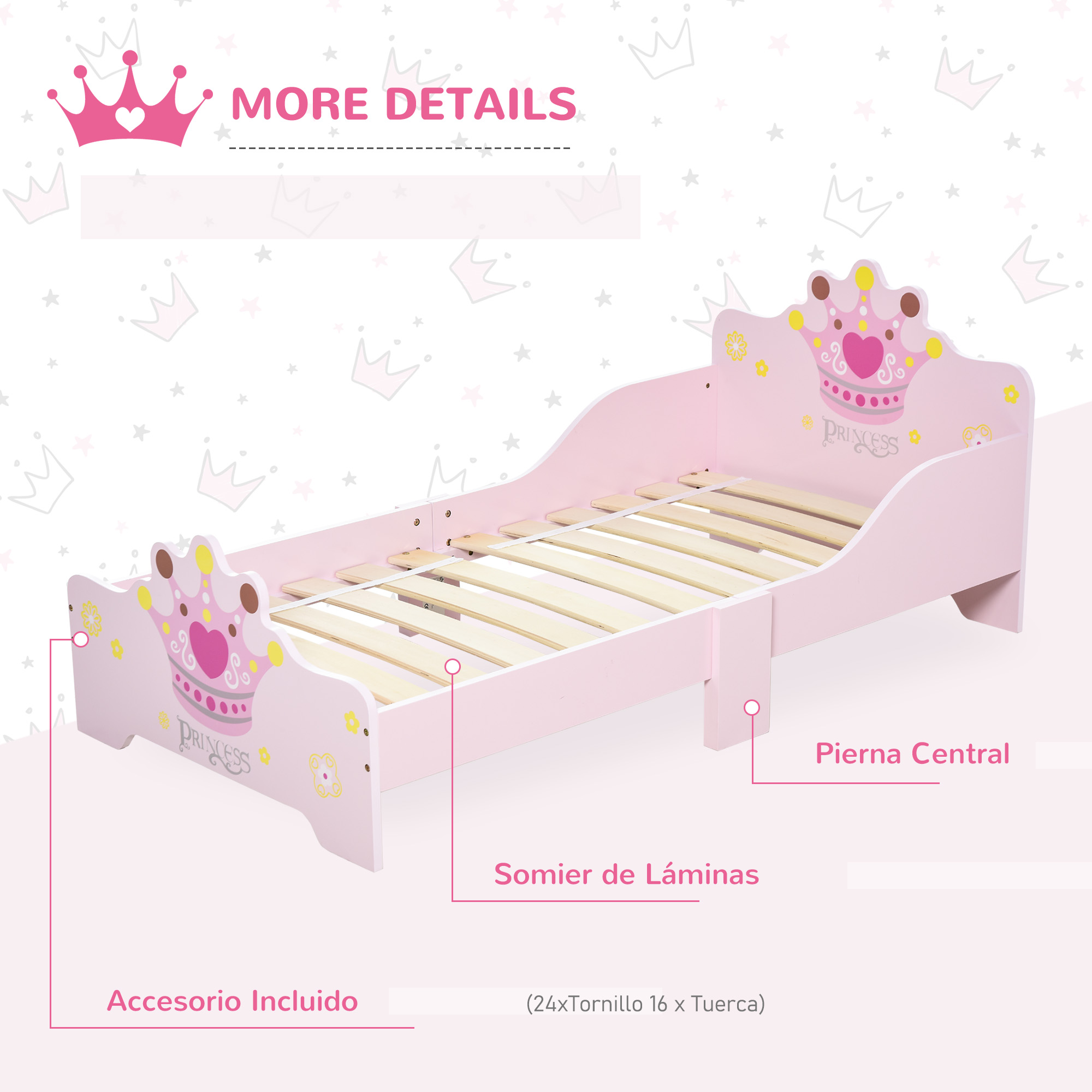 Una cama rosa de princesa con base de listones de madera y detalles de corona.