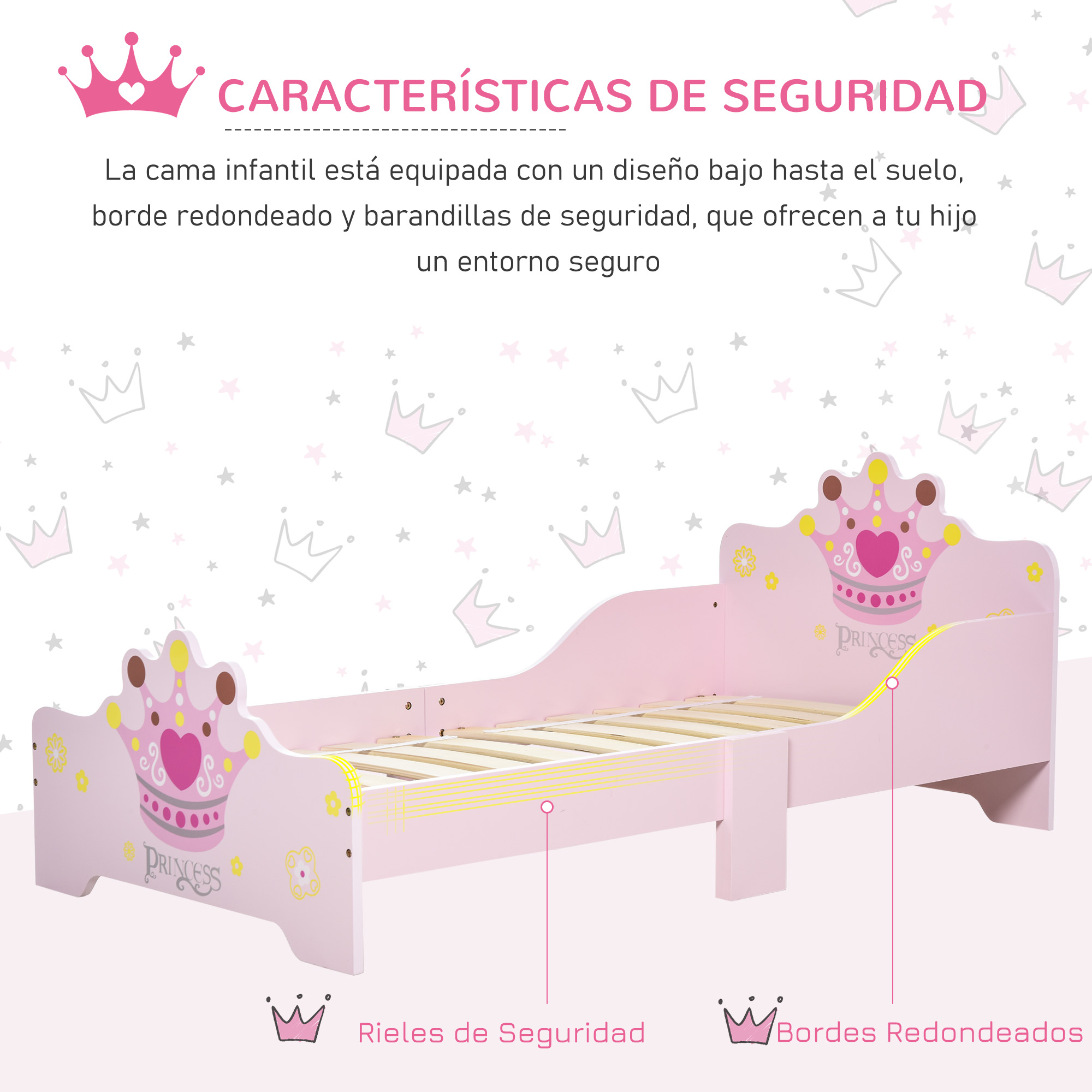 Una cama infantil rosa con diseño de corona de princesa y características de seguridad.