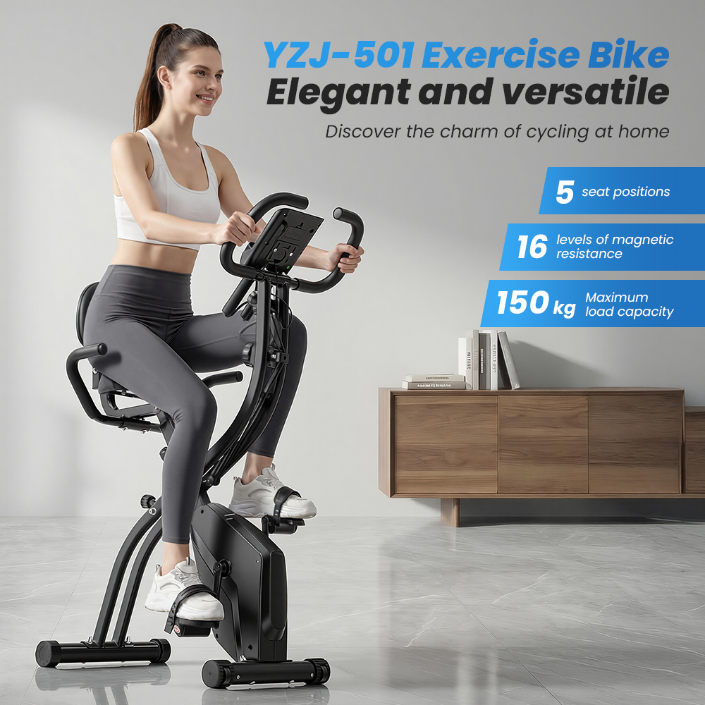 Donna su cyclette YZJ-501 nera, 5 posizioni sedile, 16 livelli resistenza.