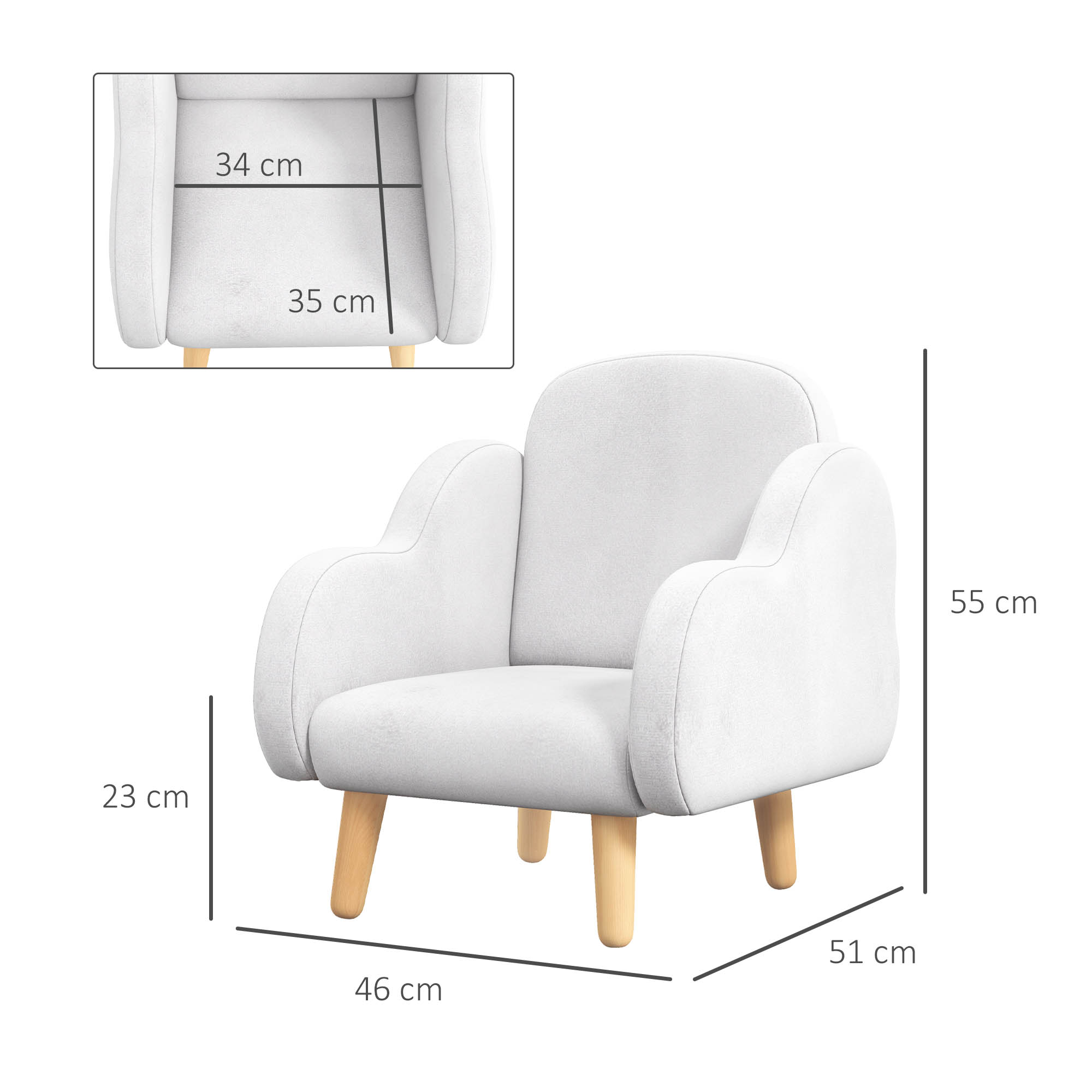 Un sillón blanco infantil con patas de madera. Dimensiones: 55x51x46cm.