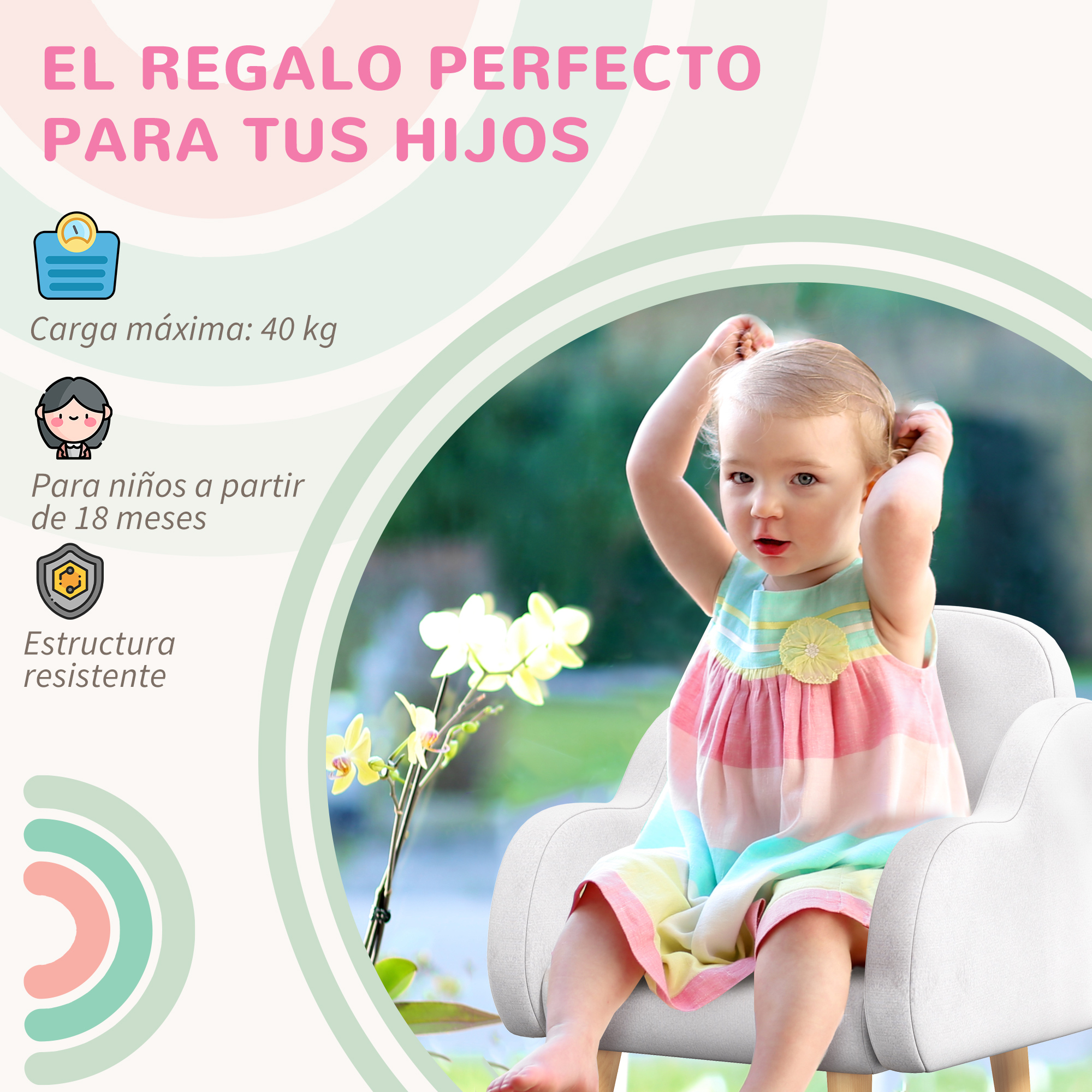 Un bebé se sienta en una silla, junto a iconos de peso, edad y robustez.