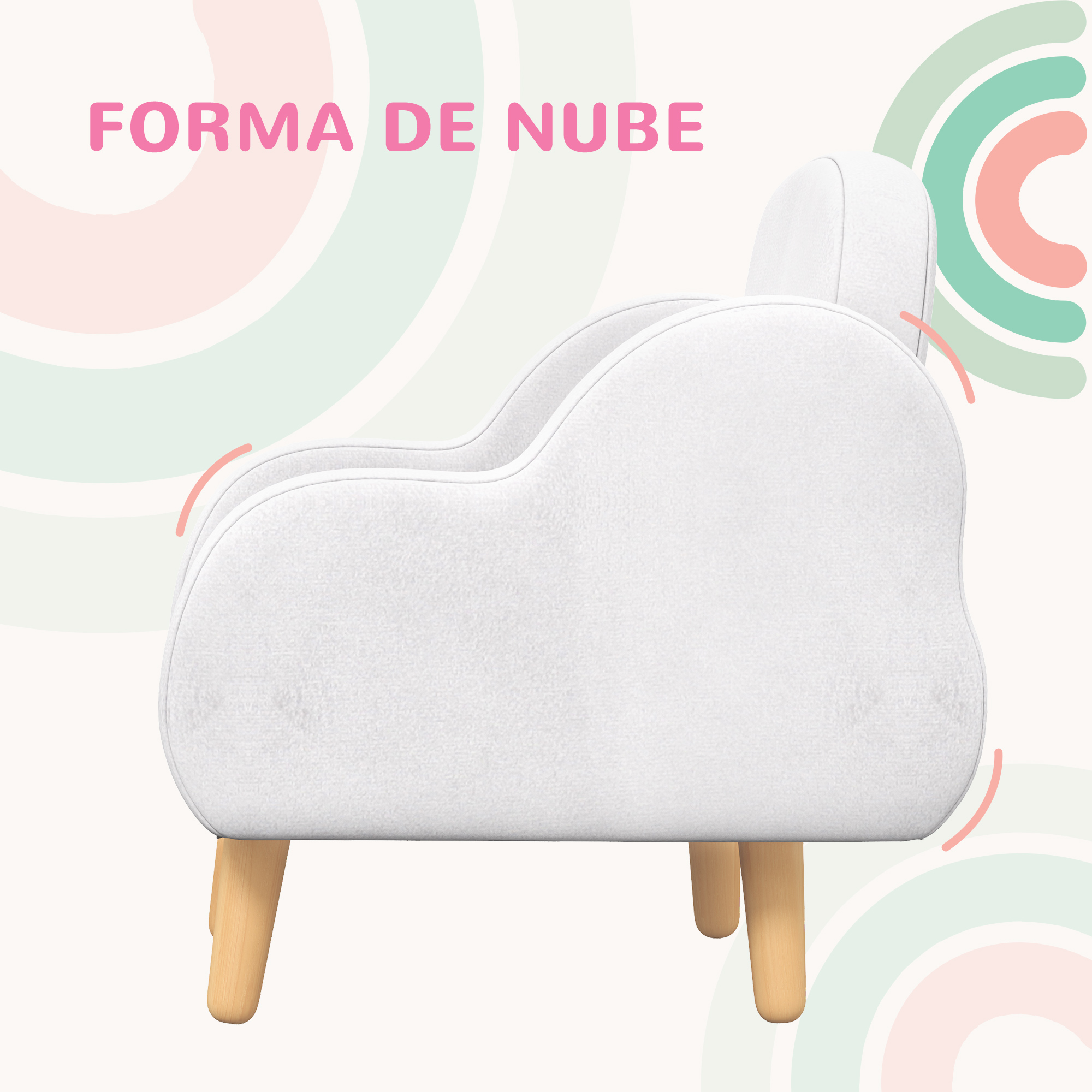 Silla blanca con forma de nube y patas de madera sobre fondo claro.