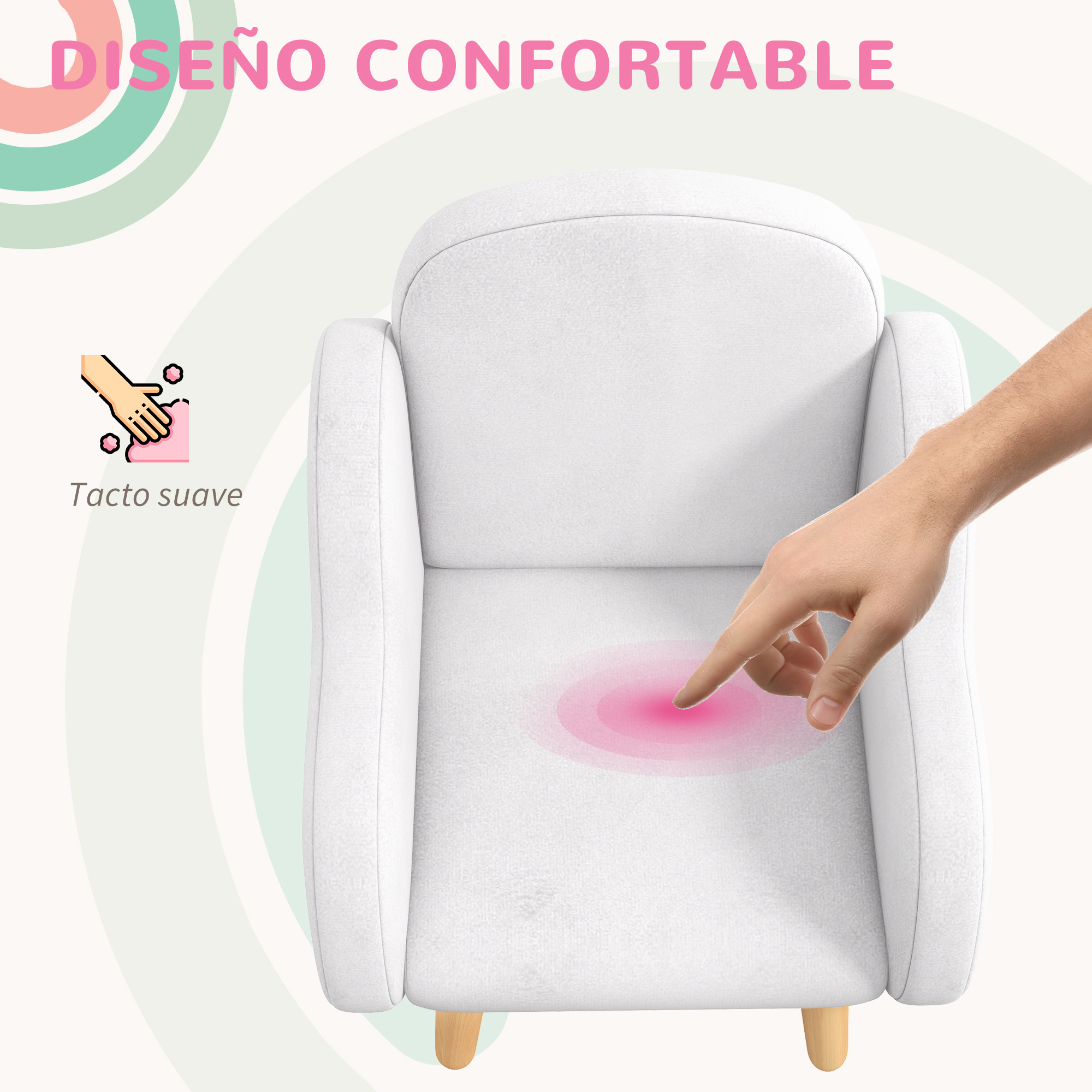 Un sillón blanco con un dedo apuntando a su tapicería suave.