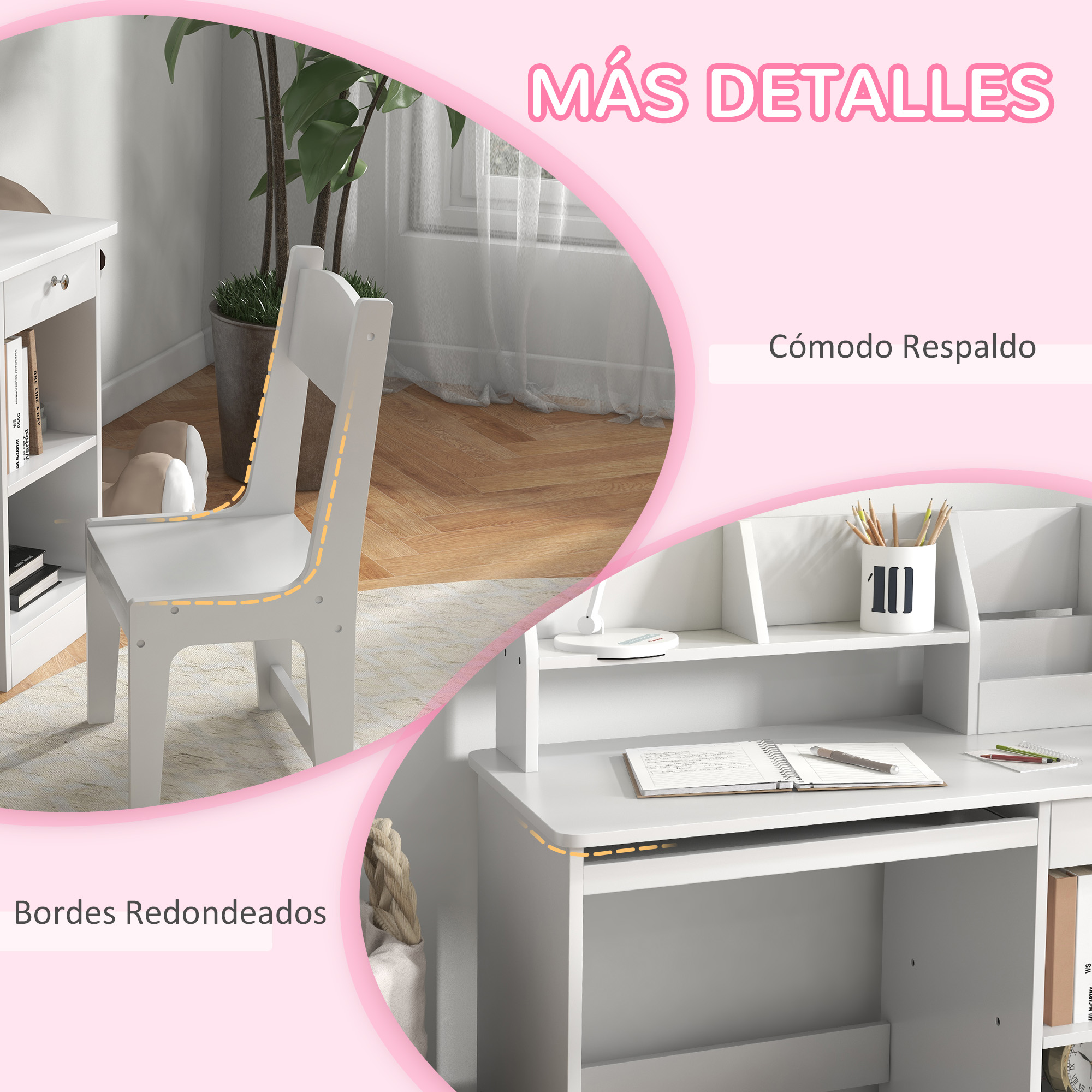 Un escritorio y silla blancos con libros y una planta.