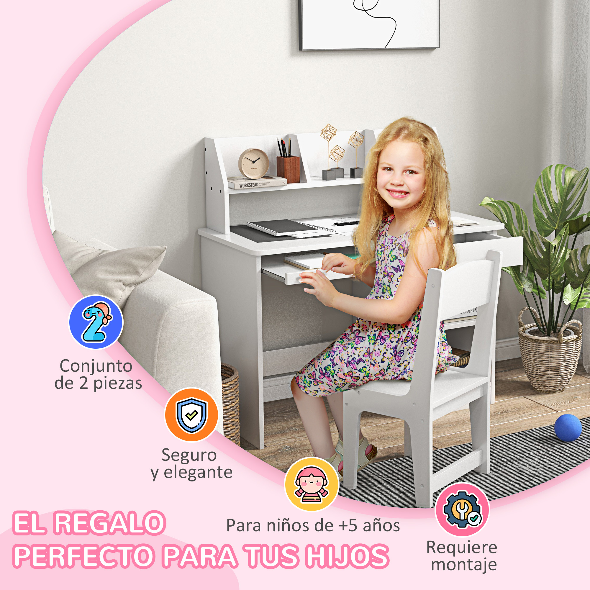 Una niña se sienta en un escritorio blanco con una silla. Hay decoraciones visibles.