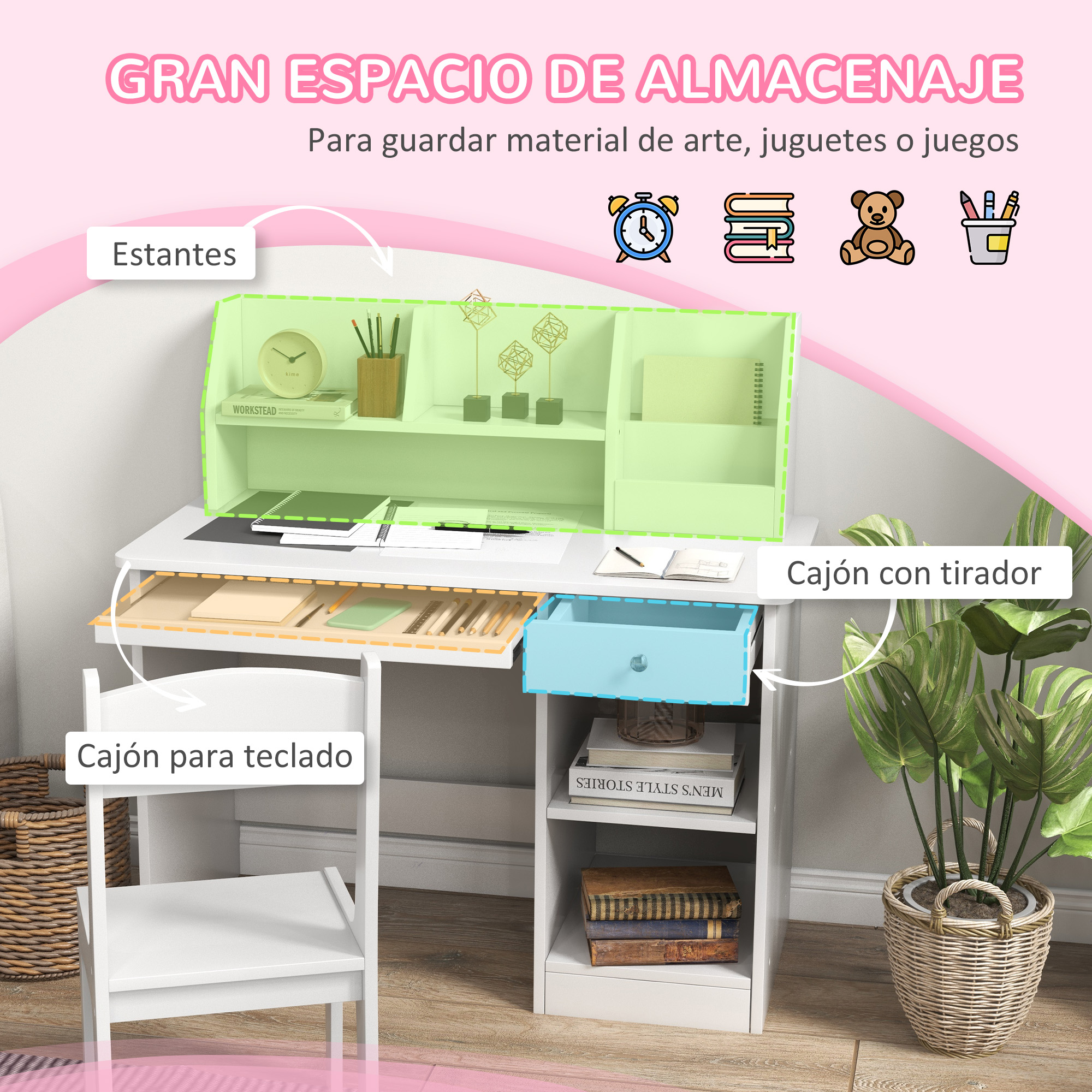 Un escritorio blanco con estante abierto, cajones y nichos. Decorado con libros y plantas.