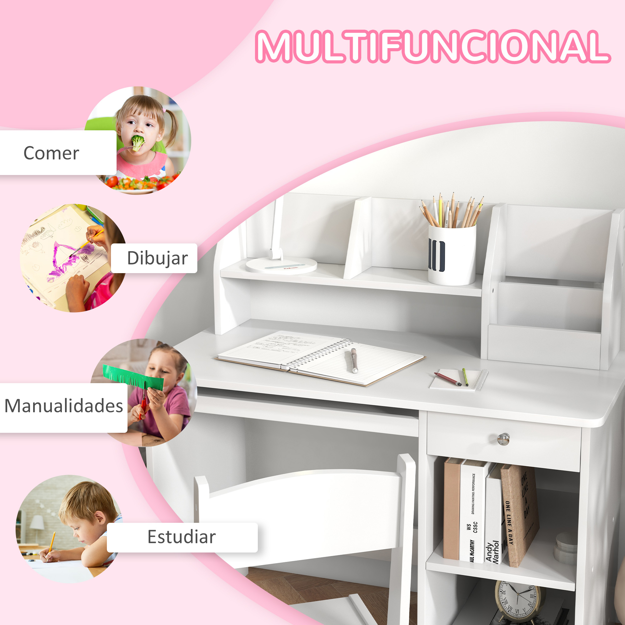 Un escritorio con libros, bolígrafos y una lámpara. Niños comiendo, dibujando, haciendo manualidades y estudiando.