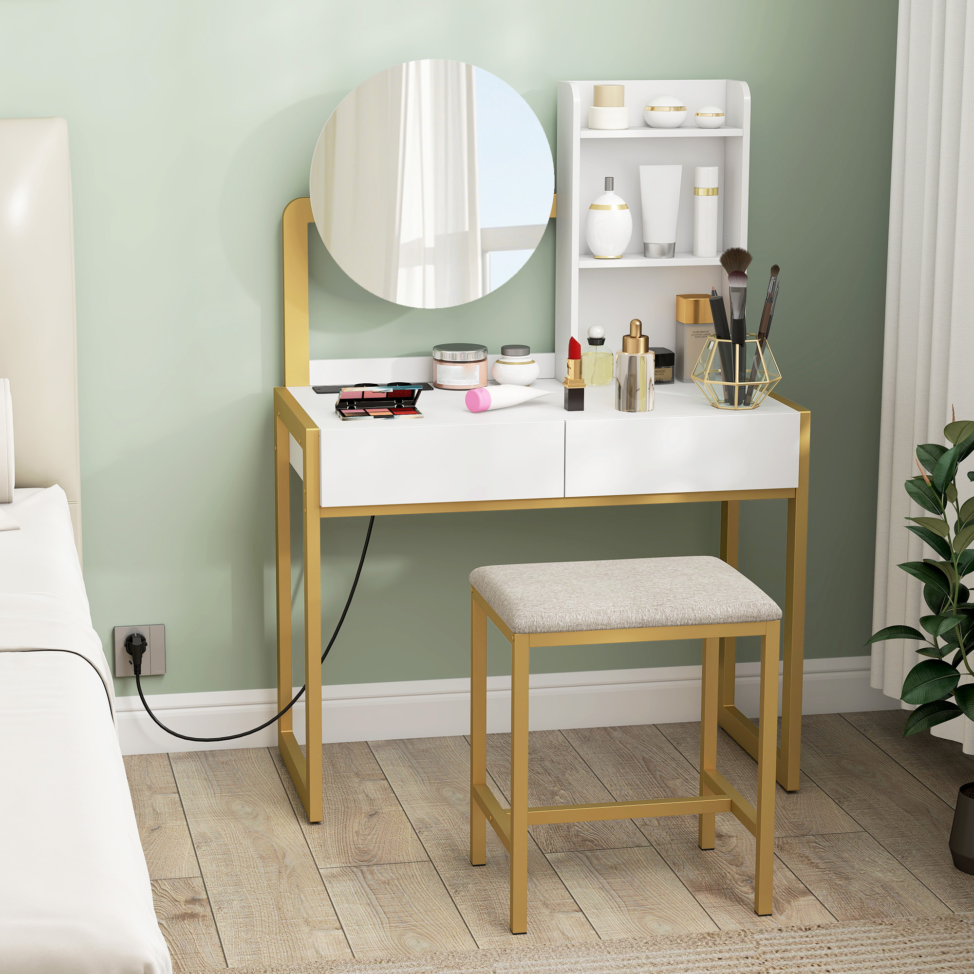 Tocador con espejo, taburete y maquillaje sobre fondo verde.