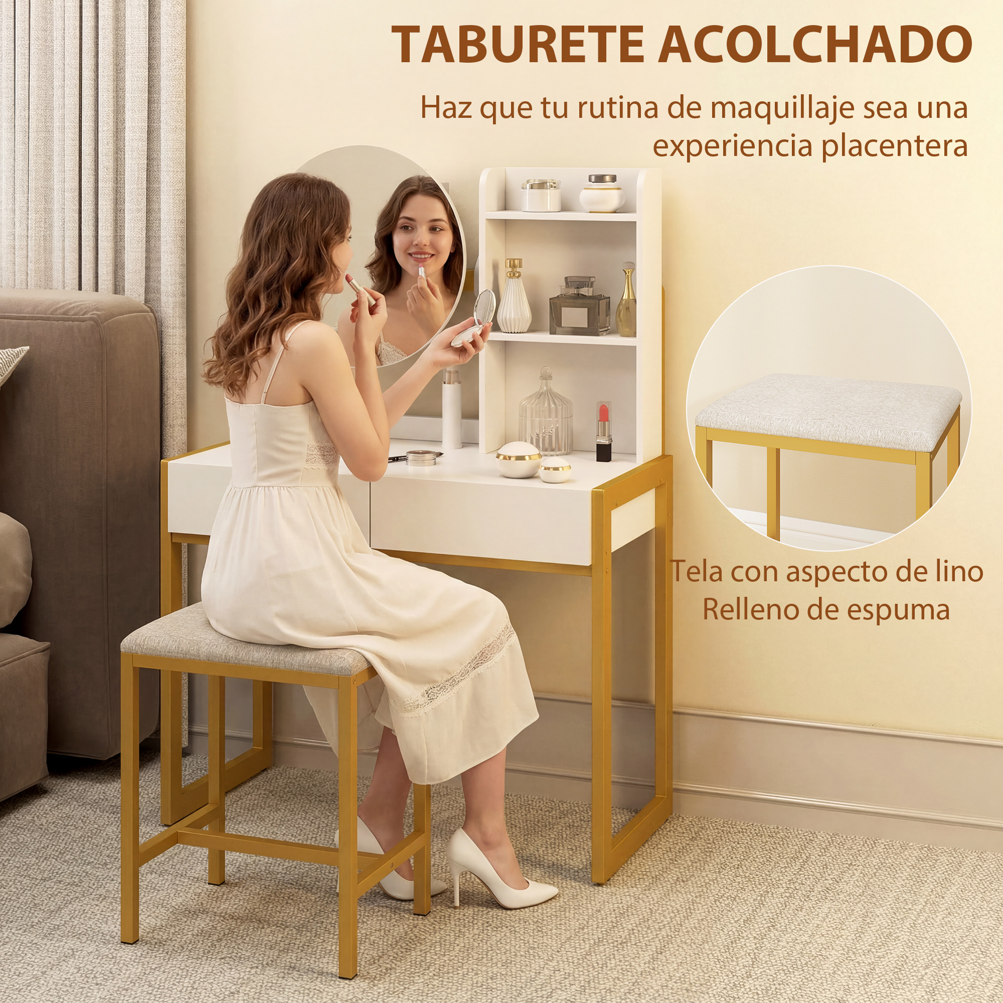 Mujer maquillándose en tocador con espejo y taburete.