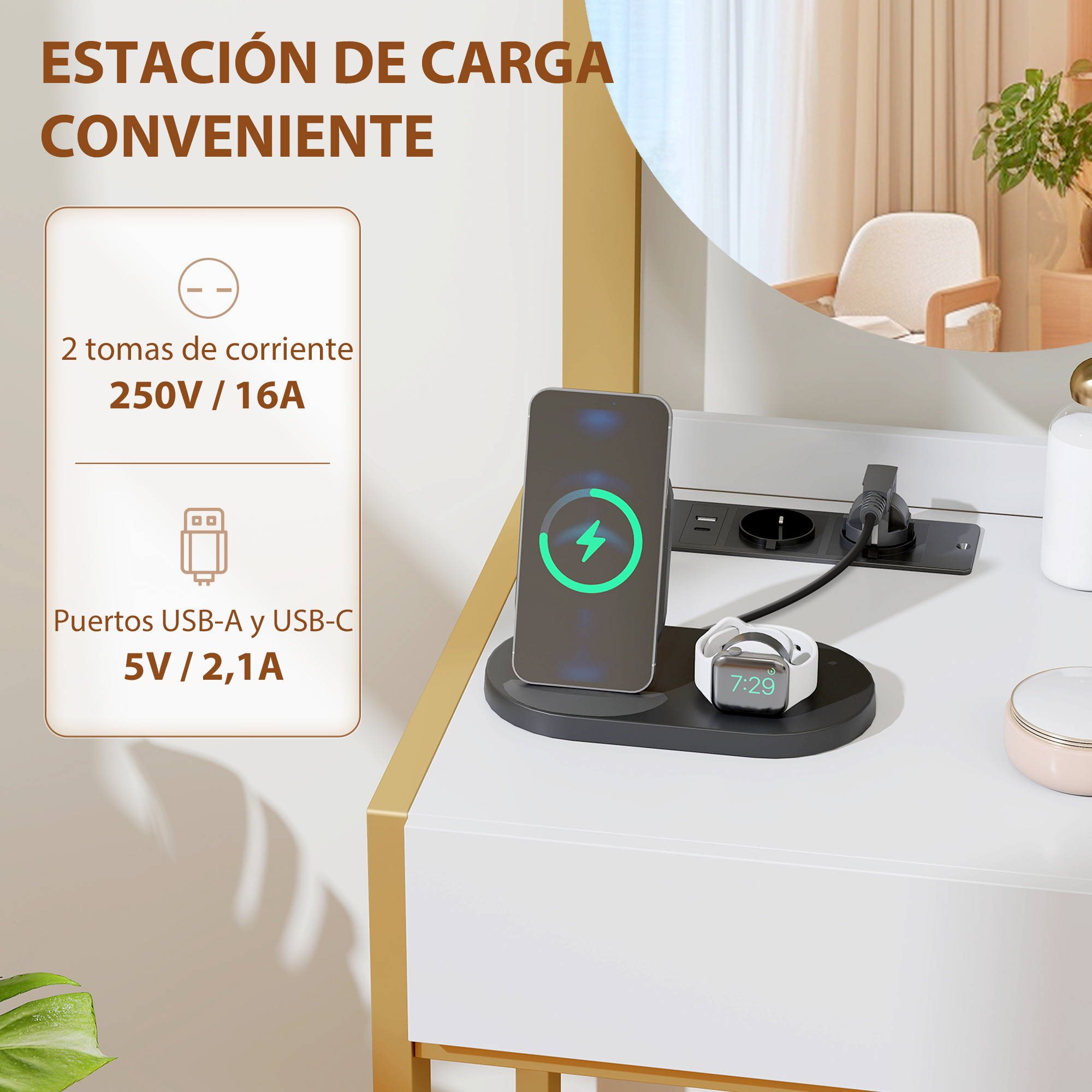 Estación de carga con smartphone, smartwatch y enchufes.