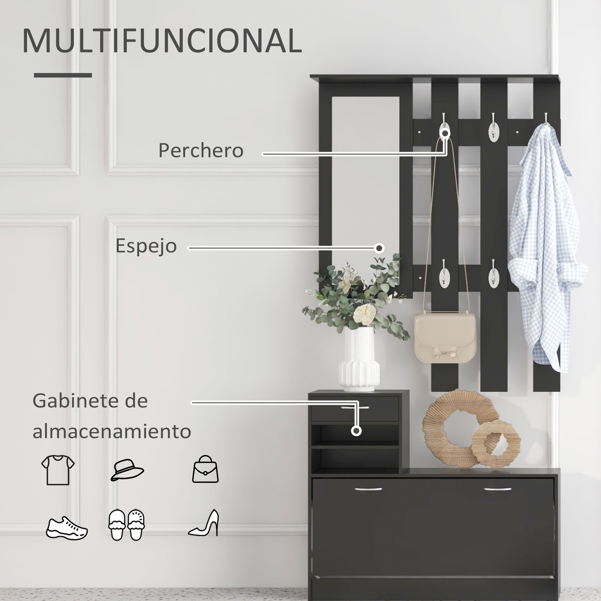 Mueble de recibidor negro con espejo, ganchos, ropa, bolso, jarrón, anillos.