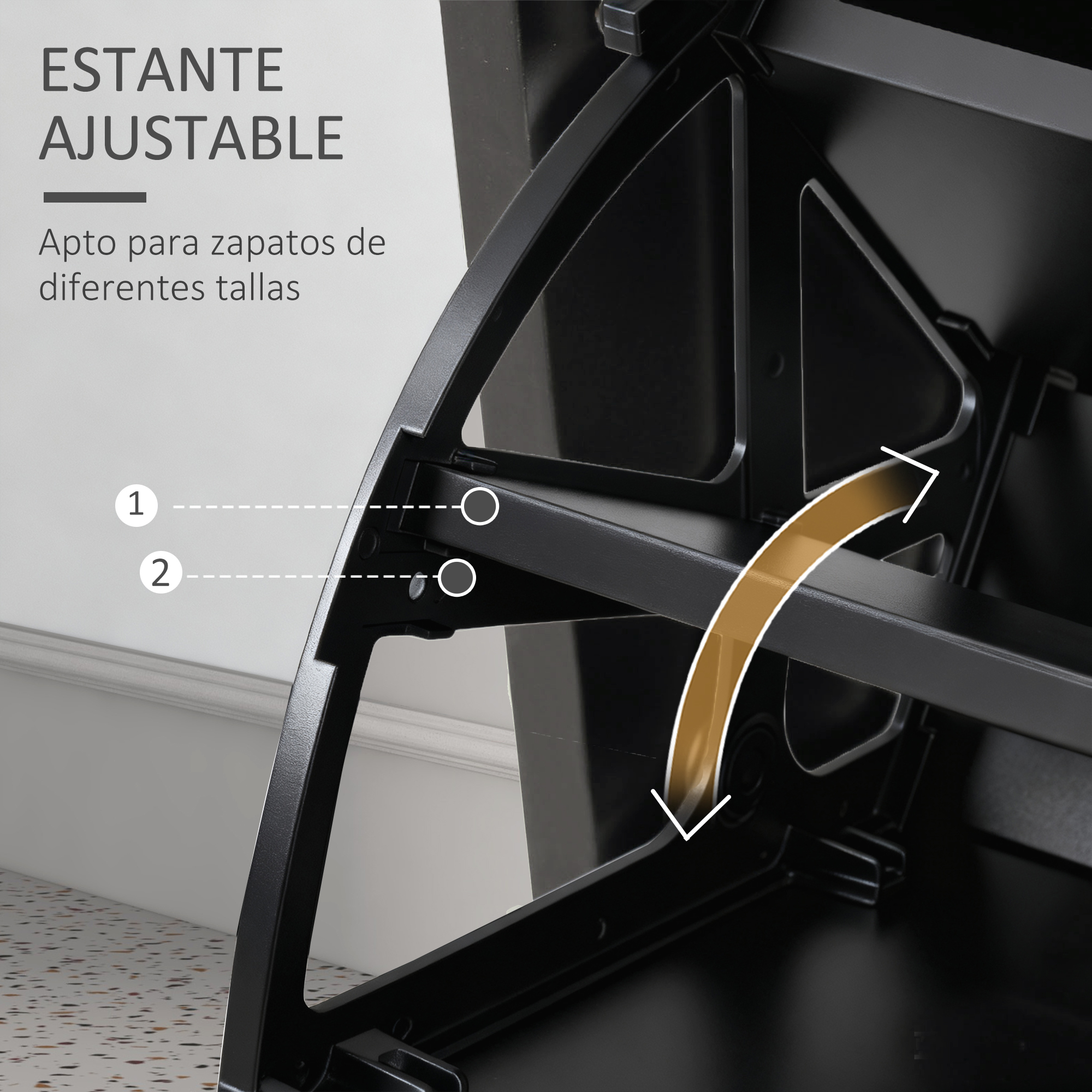 Zapatero negro ajustable con niveles e indicador de flecha.