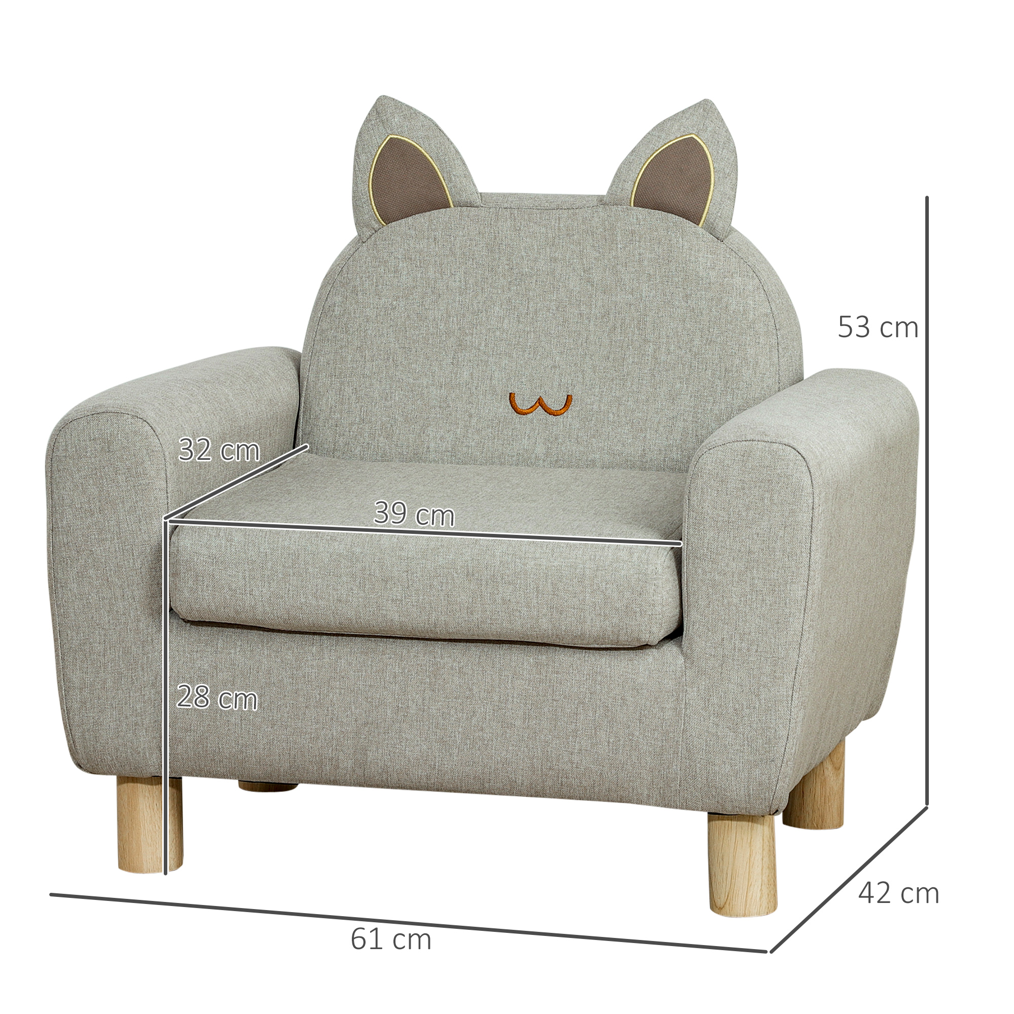 Silla infantil gris con orejas de gato y dimensiones.