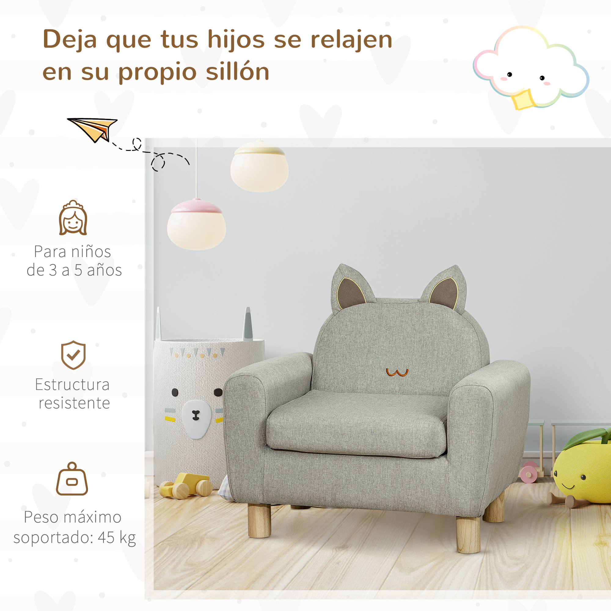 Sillón infantil gris con orejas de gato, juguetes y luces.