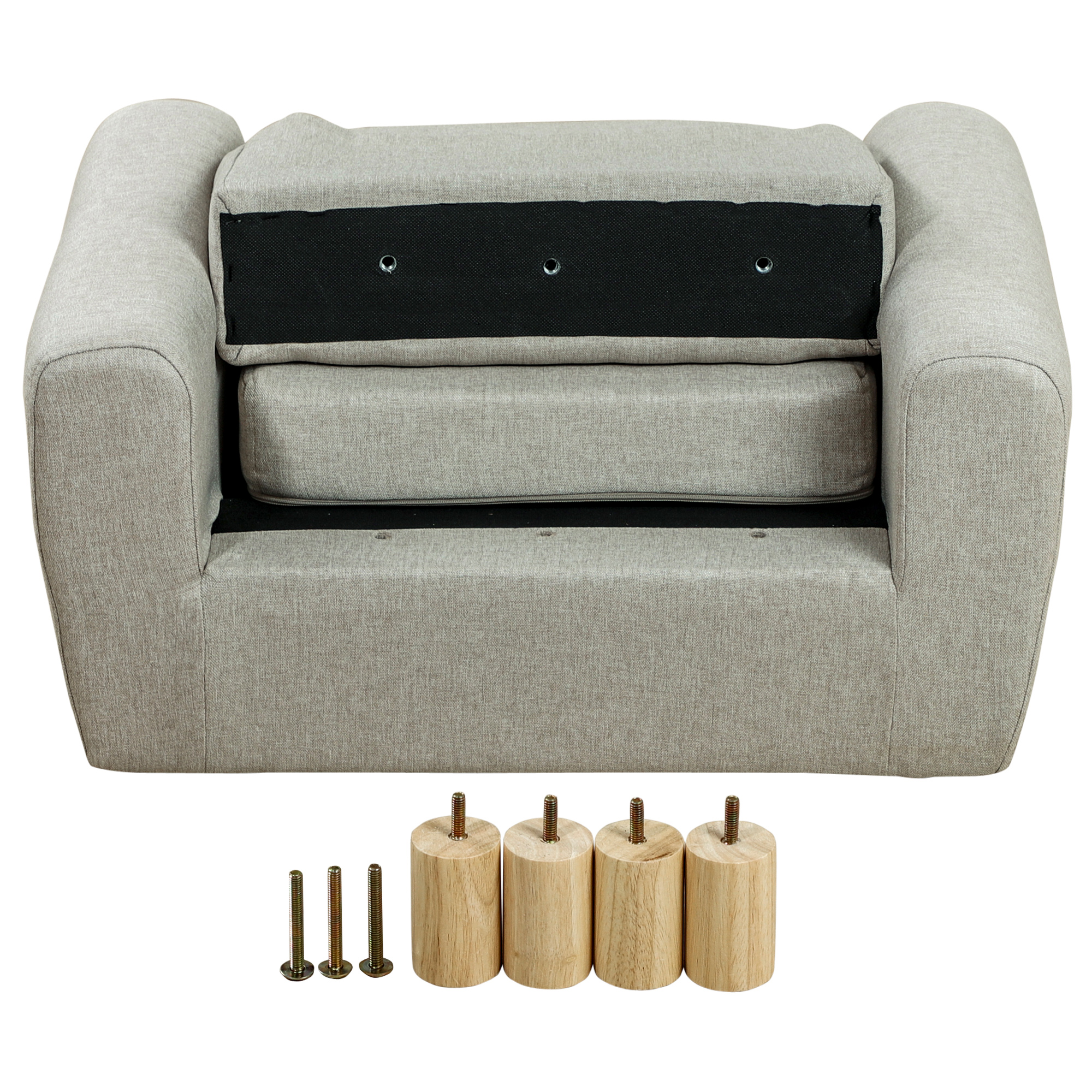 Sillón gris claro con cuatro patas de madera y tornillos sobre fondo blanco.