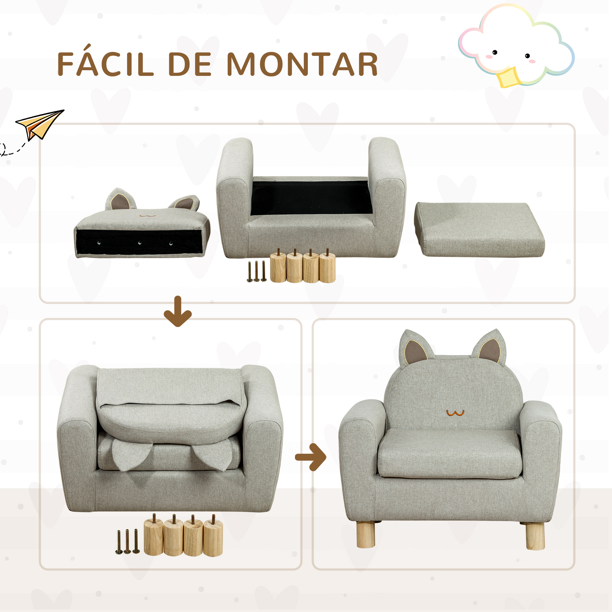 Ensamblaje paso a paso de un sillón gris claro con orejas.