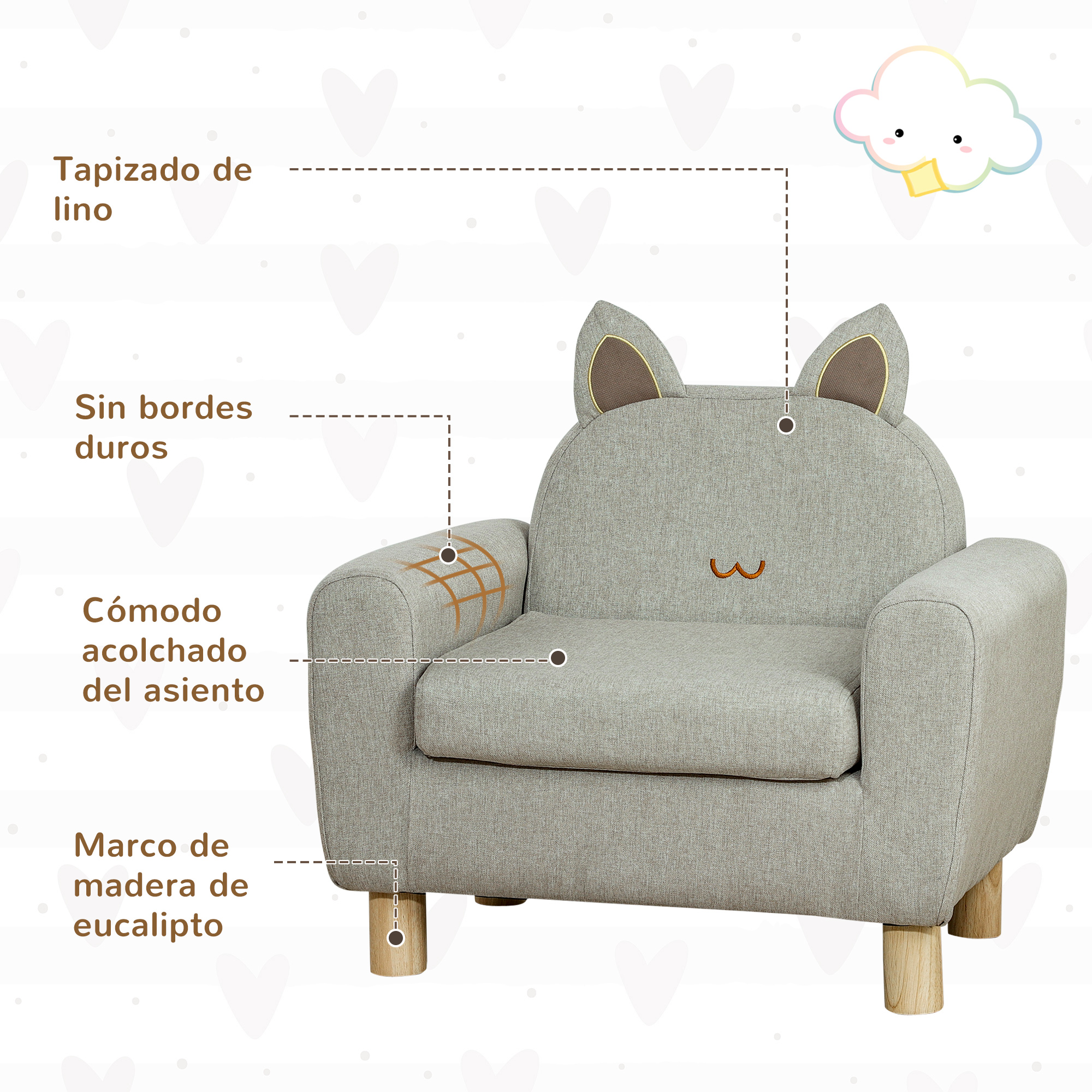 Un sillón infantil gris con orejas de gato y un motivo de nube.