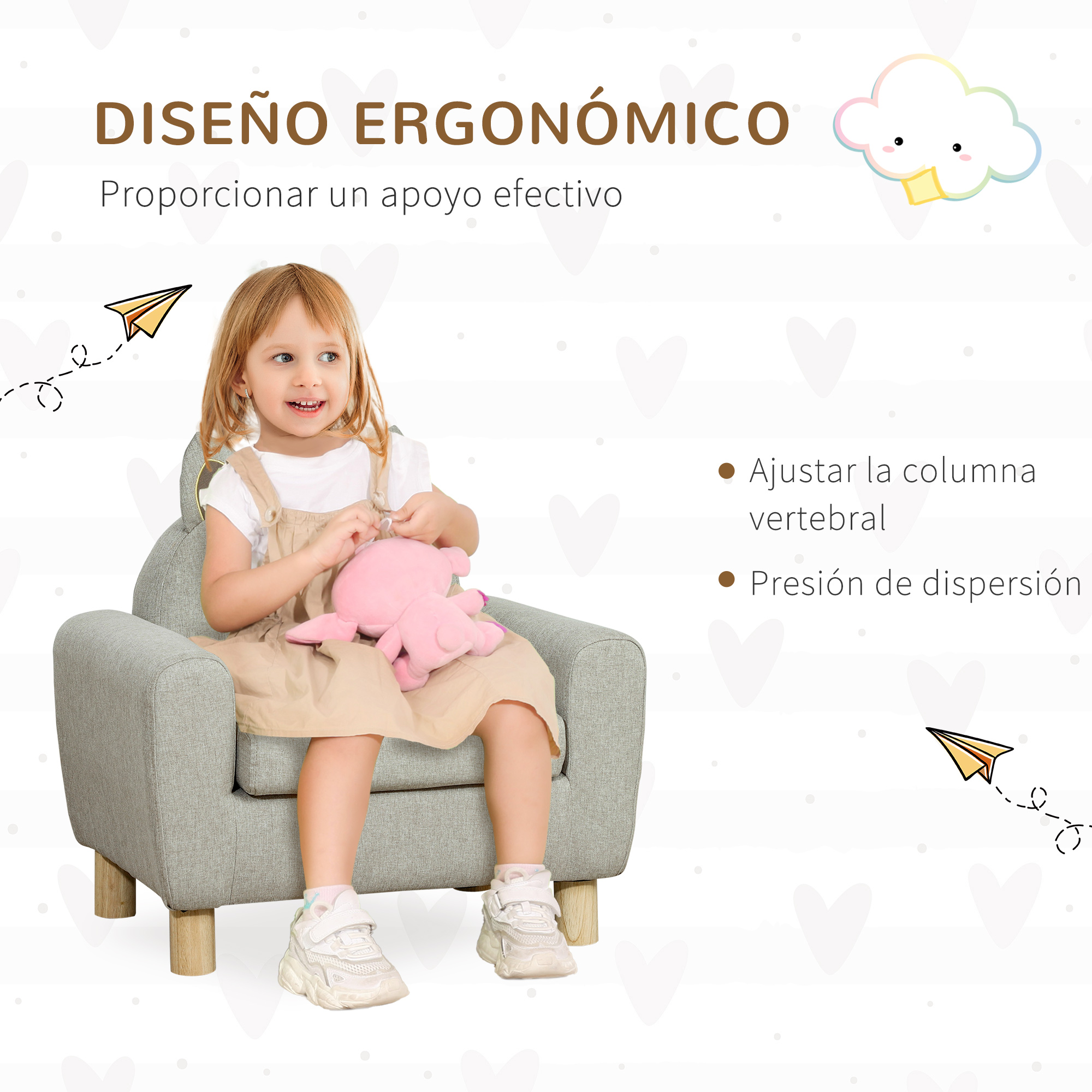 Una niña sentada en una silla sostiene un pulpo rosa.